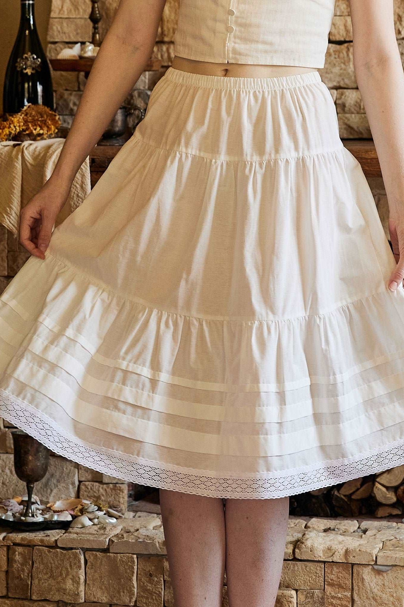 Cotton Victorian Style Skirt White Petticoat Slip Lace Edged Underskirt White Skirt Calf Length Petticoat Skirt