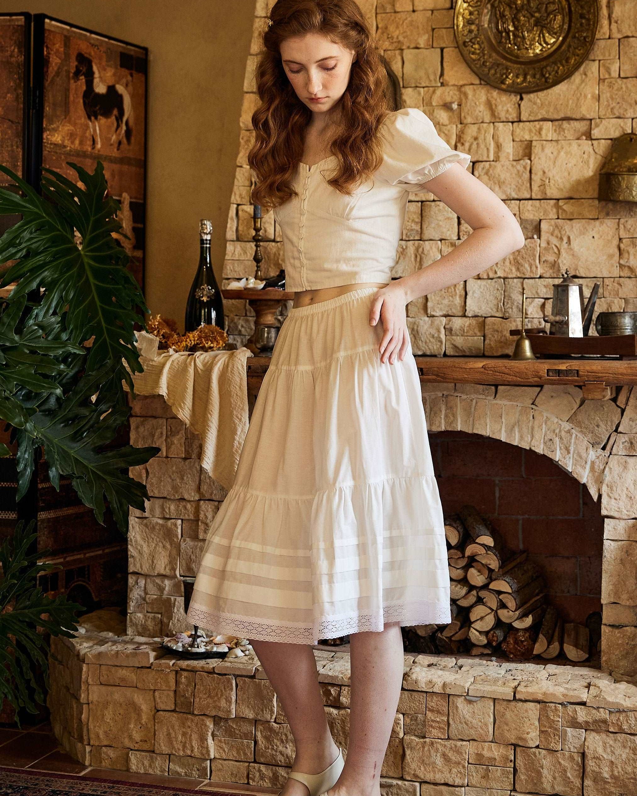 Cotton Victorian Style Skirt White Petticoat Slip Lace Edged Underskirt White Skirt Calf Length Petticoat Skirt