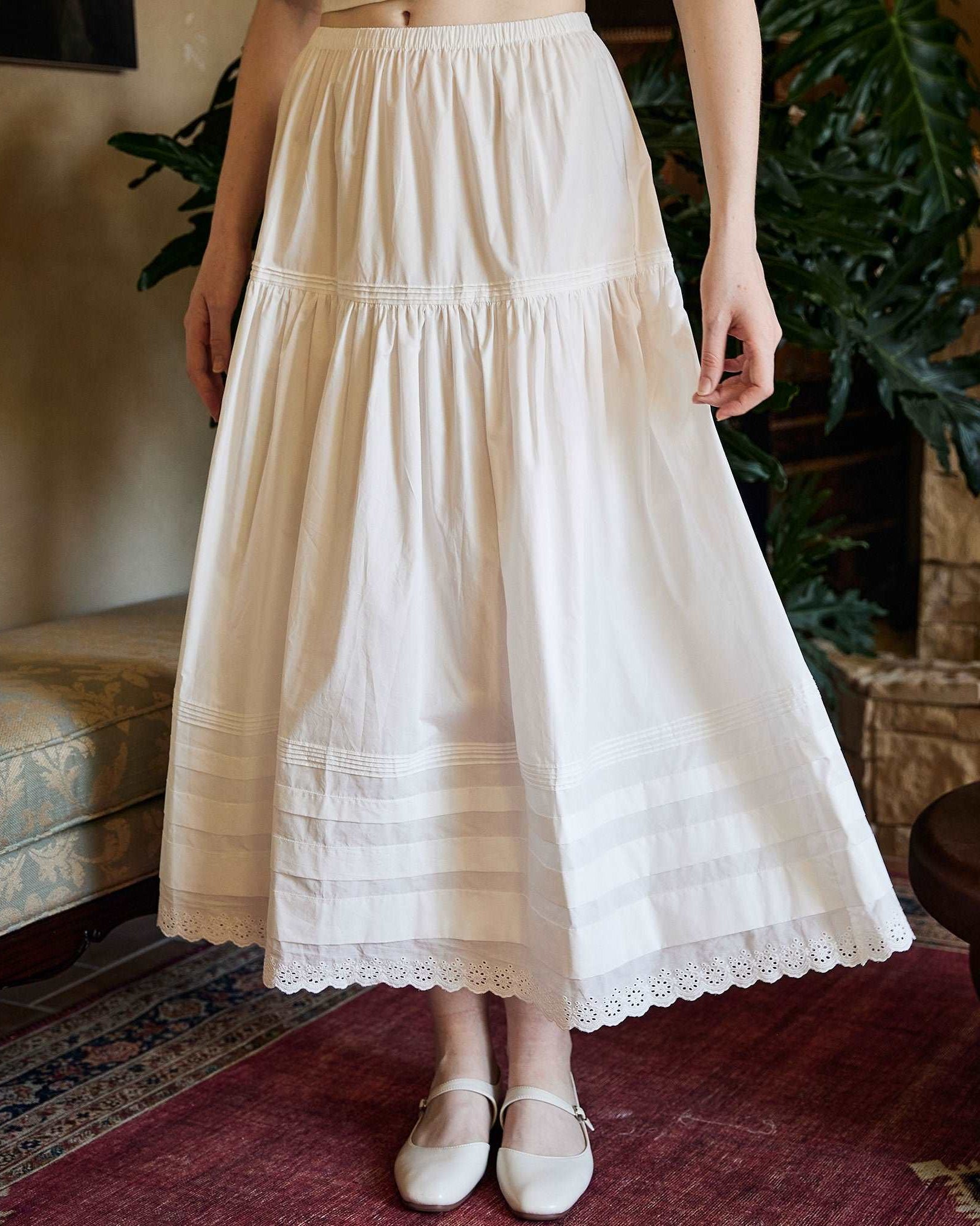 Cotton Victorian Style Long Skirt White Petticoat Slip Lace Edged Underskirt Tiered Skirt Ankle Length Petticoat Skirt