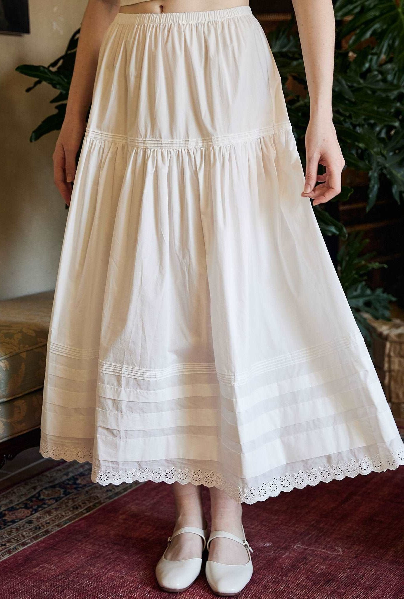 Cotton Victorian Style Long Skirt White Petticoat Slip Lace Edged Underskirt Tiered Skirt Ankle Length Petticoat Skirt
