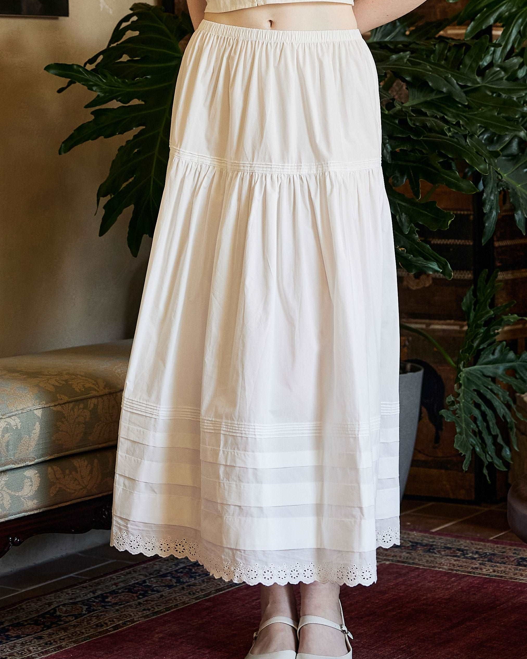 Cotton Victorian Style Long Skirt White Petticoat Slip Lace Edged Underskirt Tiered Skirt Ankle Length Petticoat Skirt