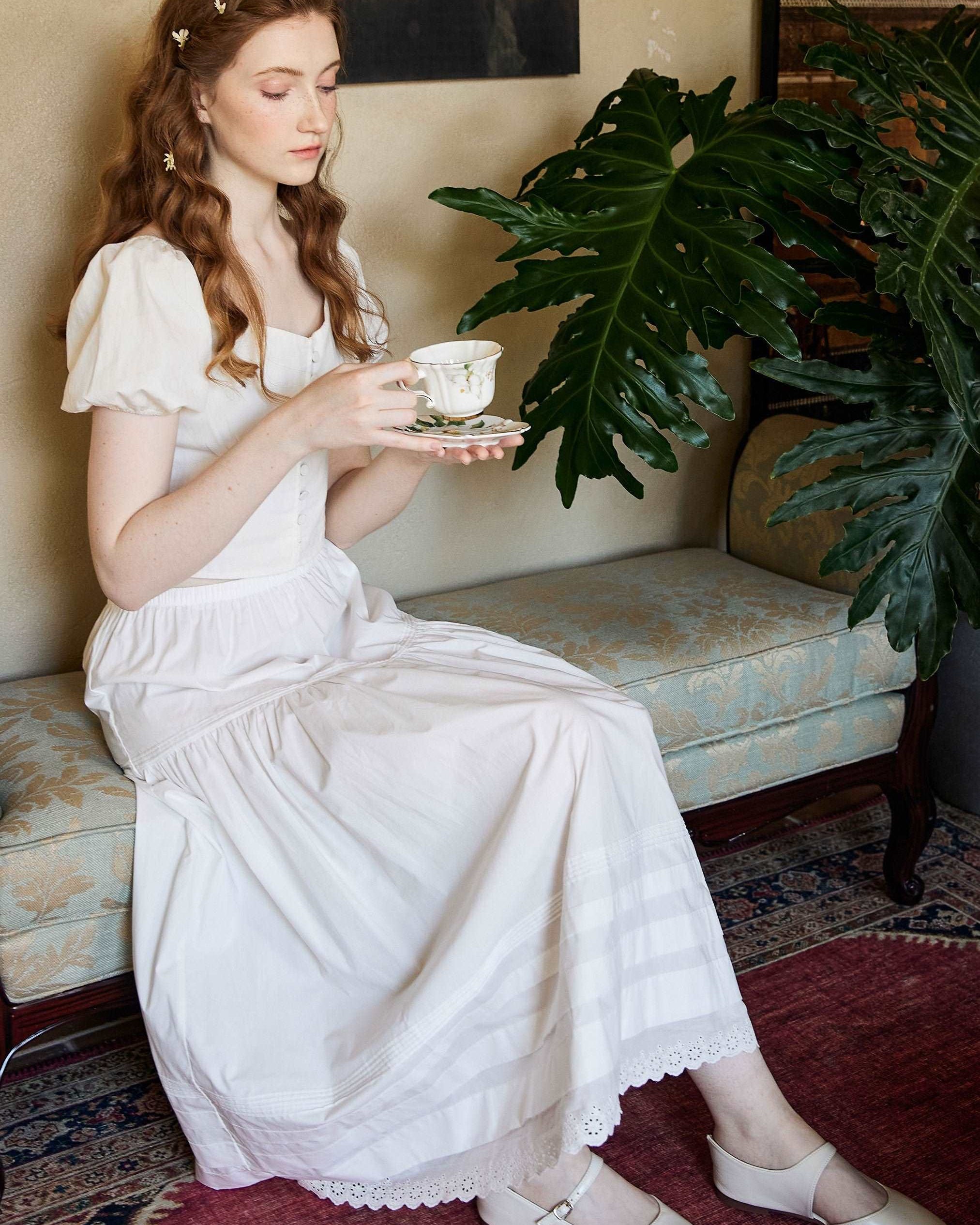 Cotton Victorian Style Long Skirt White Petticoat Slip Lace Edged Underskirt Tiered Skirt Ankle Length Petticoat Skirt