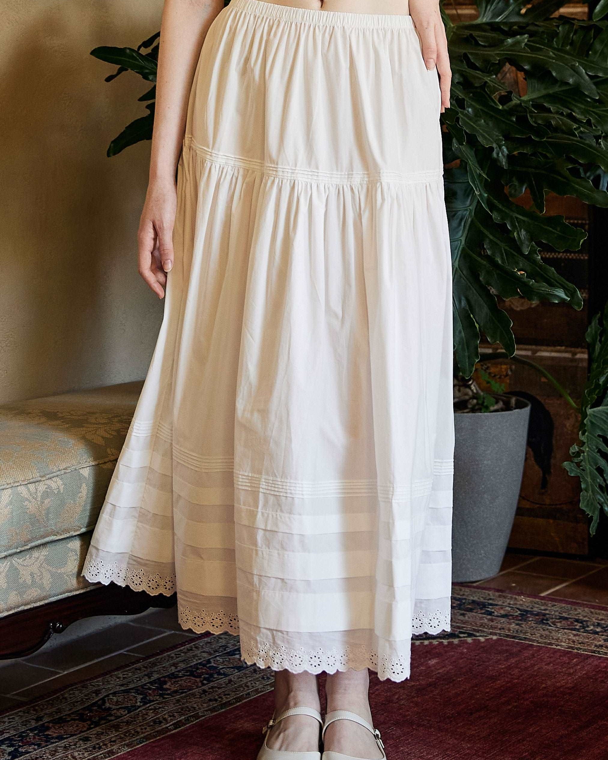 Cotton Victorian Style Long Skirt White Petticoat Slip Lace Edged Underskirt Tiered Skirt Ankle Length Petticoat Skirt