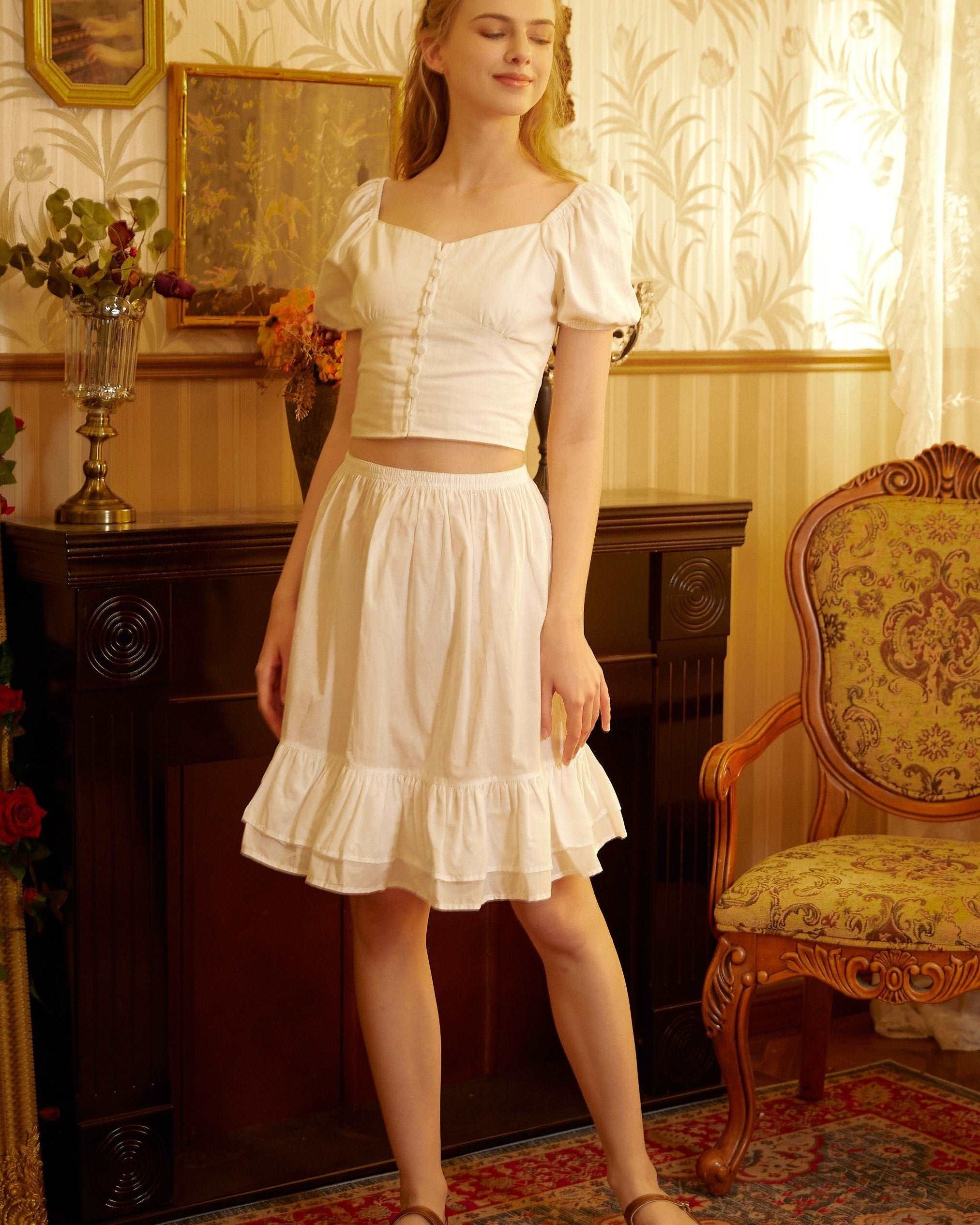 Cotton Petticoat Skirt Half Slip Underskirt Knee Length Skirt Extender Ruffles Retro Style