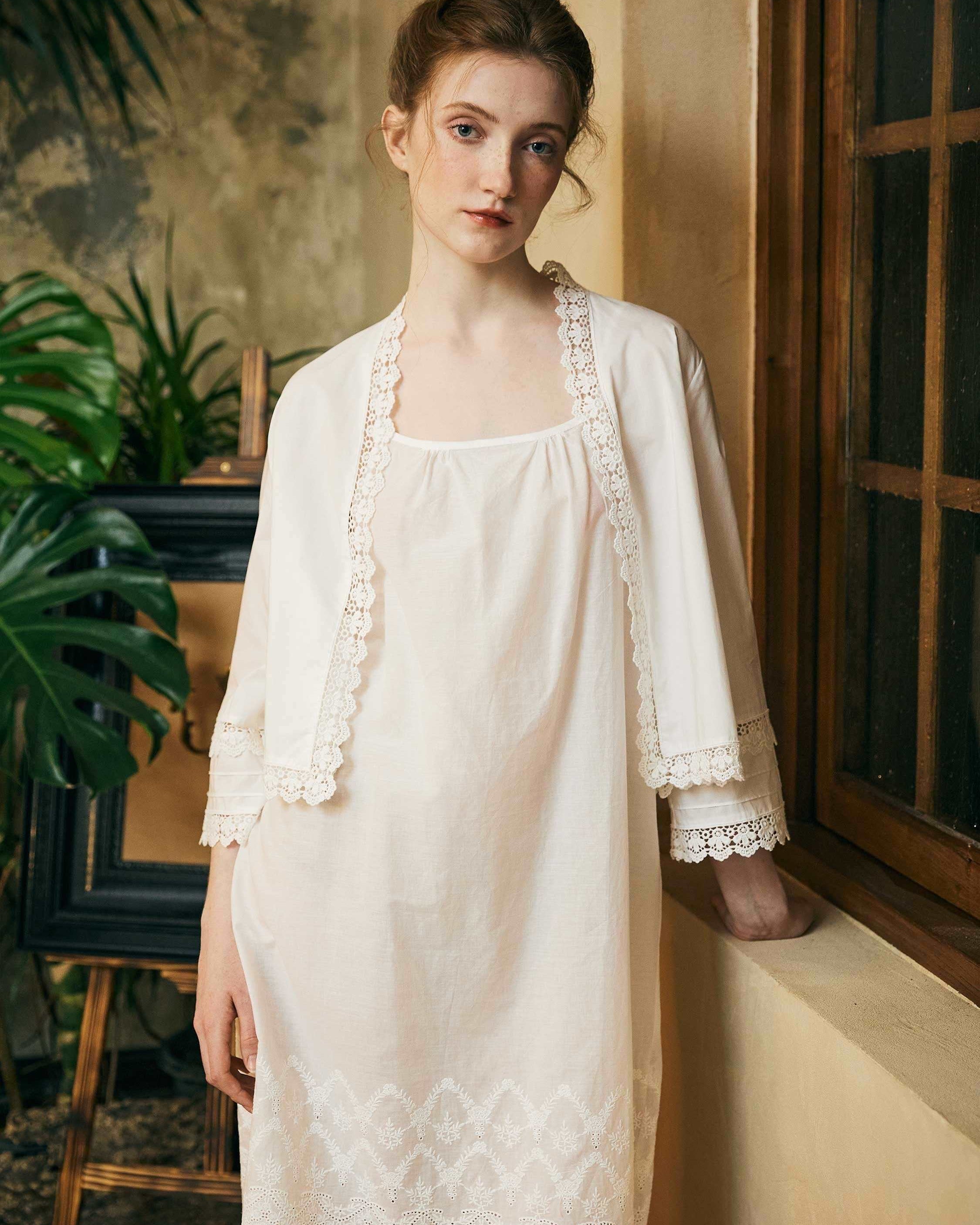 100% Cotton Victorian-Inspired Bed Jacket - Vintage Style with Lace and Embroidery - Perfect Over Nightgowns - Elegant Cotton Cardigan Top