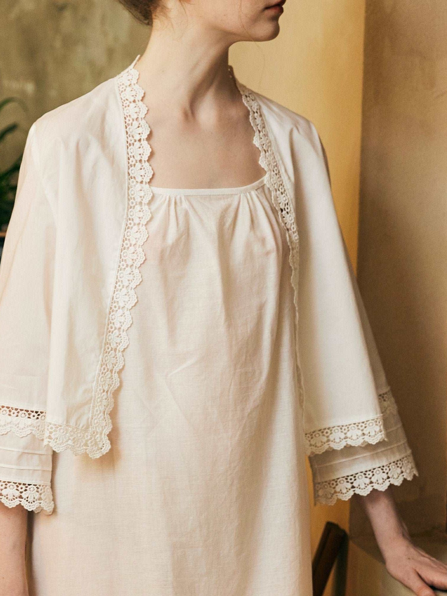 100% Cotton Victorian-Inspired Bed Jacket - Vintage Style with Lace and Embroidery - Perfect Over Nightgowns - Elegant Cotton Cardigan Top
