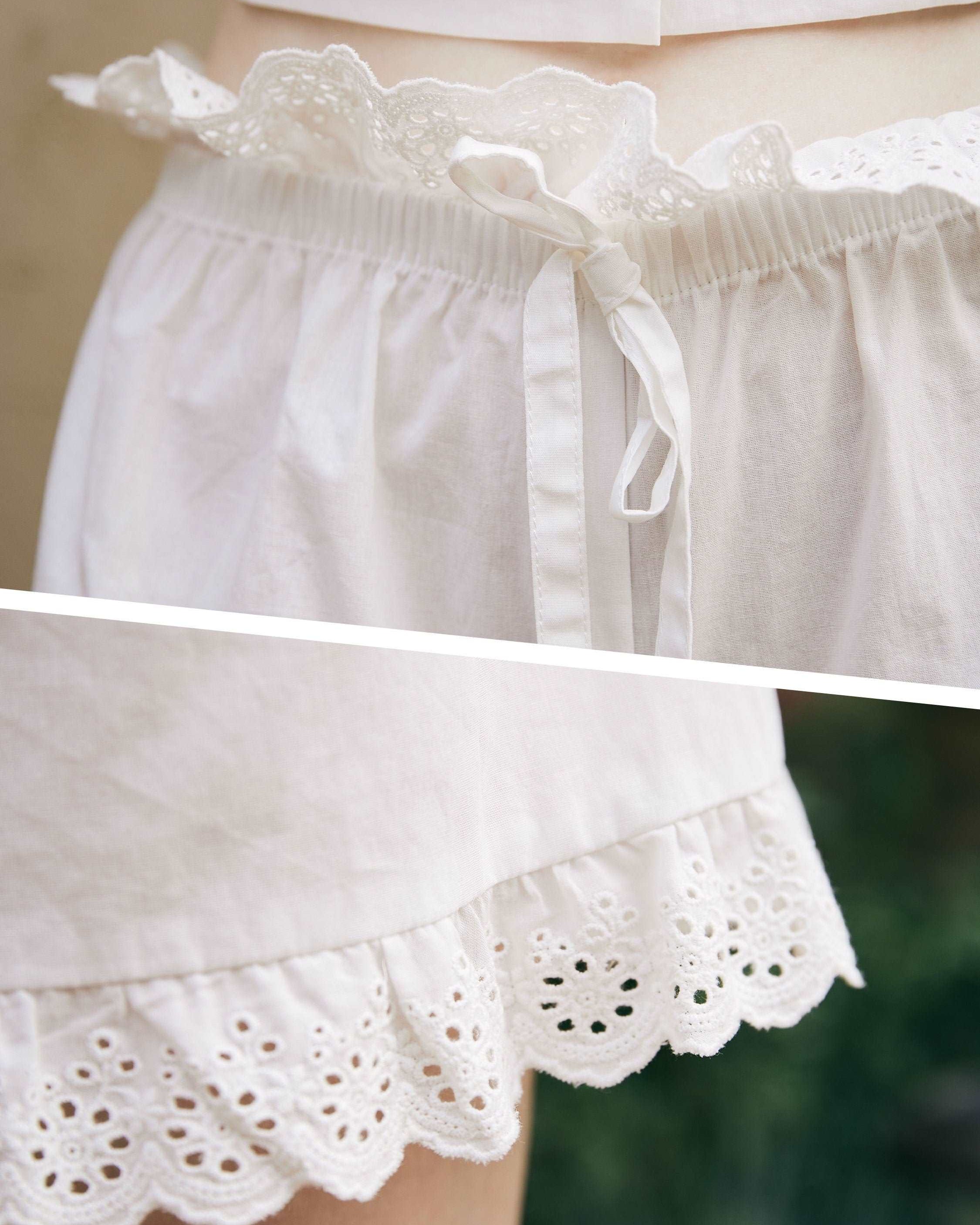 Cotton Bloomers High Waisted Shorts White Summer Shorts Woman Beach Shorts Pettipants Lace Trim Drawstring Waist