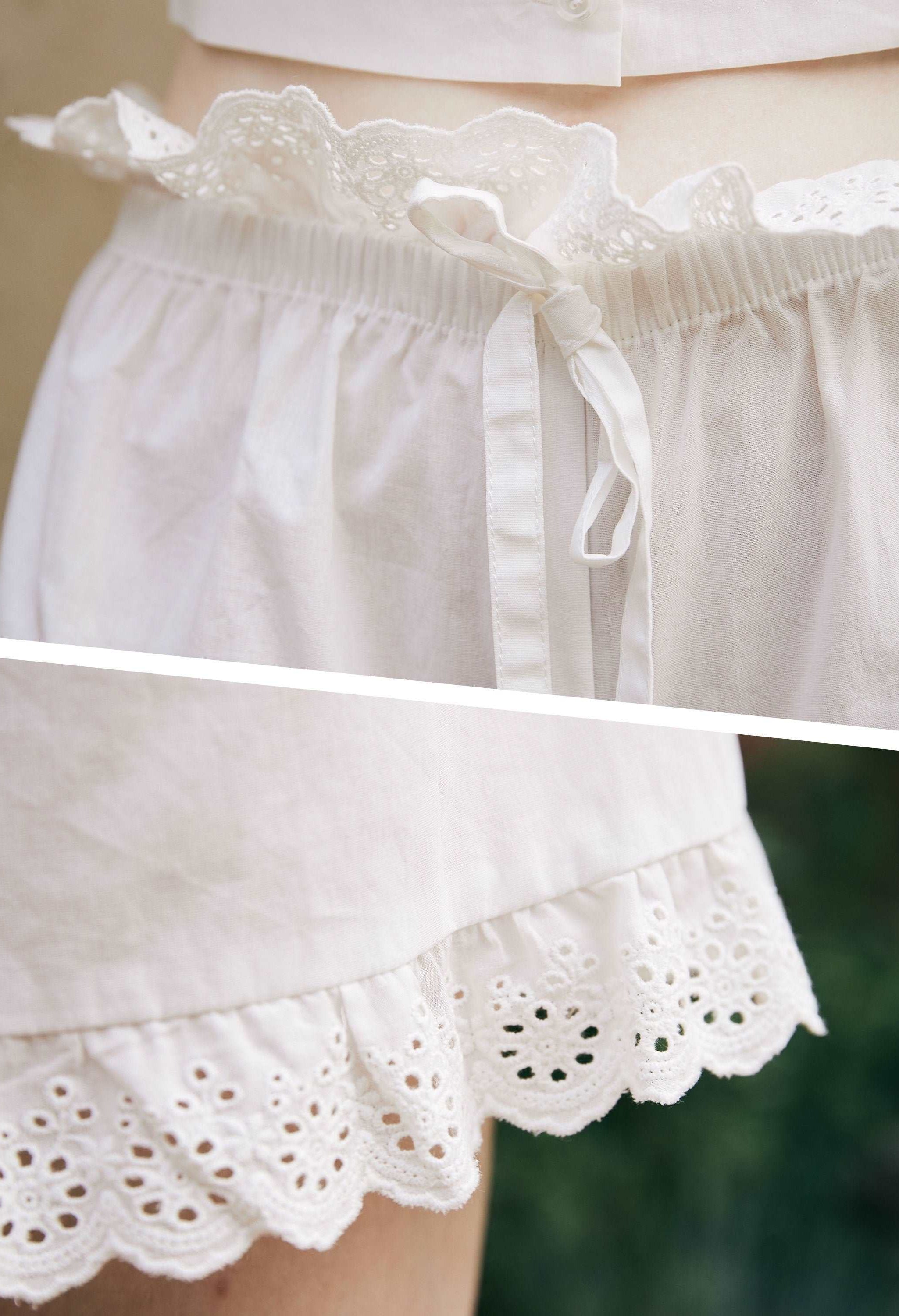 Cotton Bloomers High Waisted Shorts White Summer Shorts Woman Beach Shorts Pettipants Lace Trim Drawstring Waist