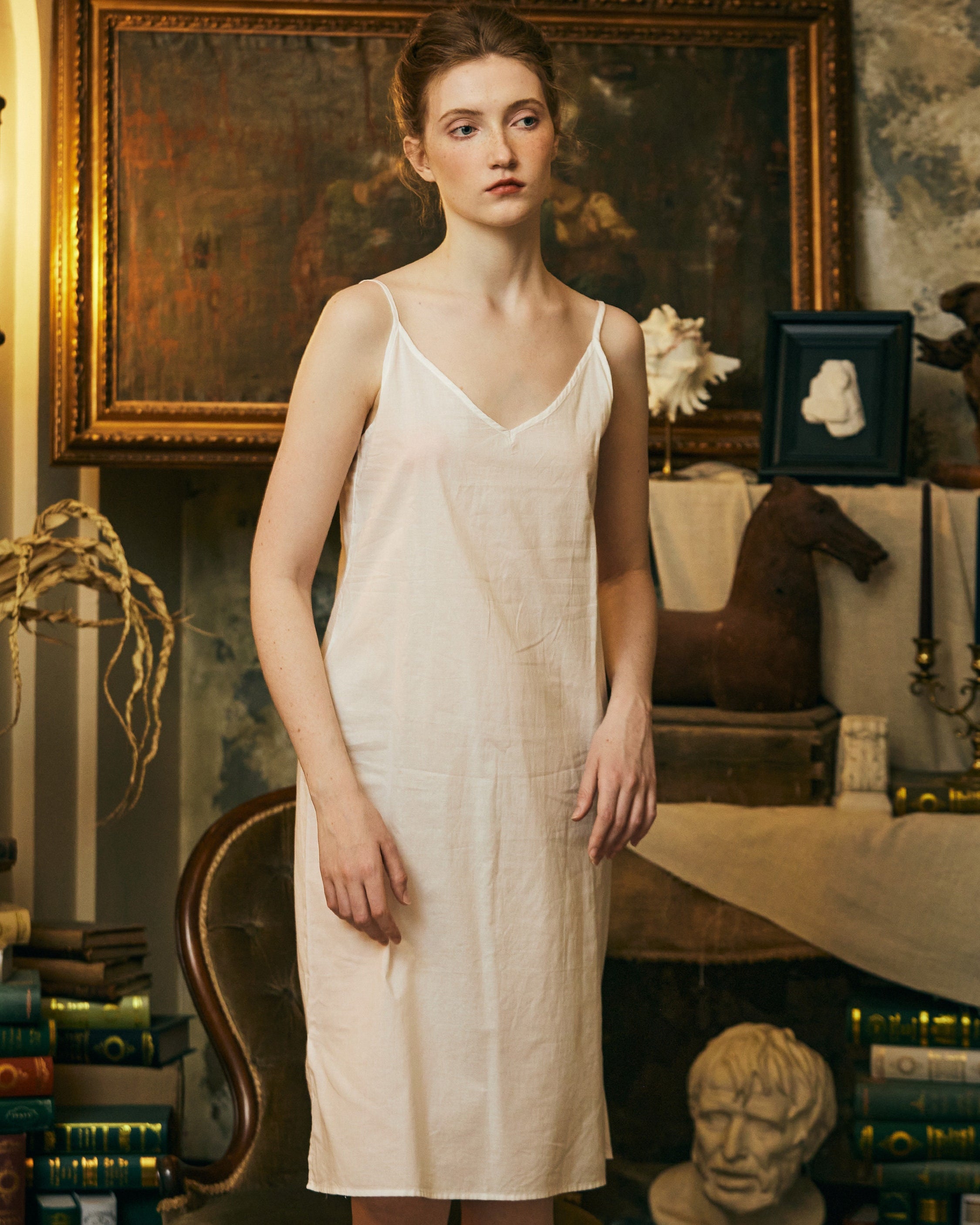 Women Cotton Slip Dress V Neck Slit Design Under Dress Camisole Vintage Style Skirt Extender Petticoat Full Slip