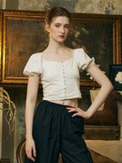 Women Cotton Crop Top Puff Sleeve Sweetheart Top Blouse Button-down Cotton Shirt Smocked Back White/Black