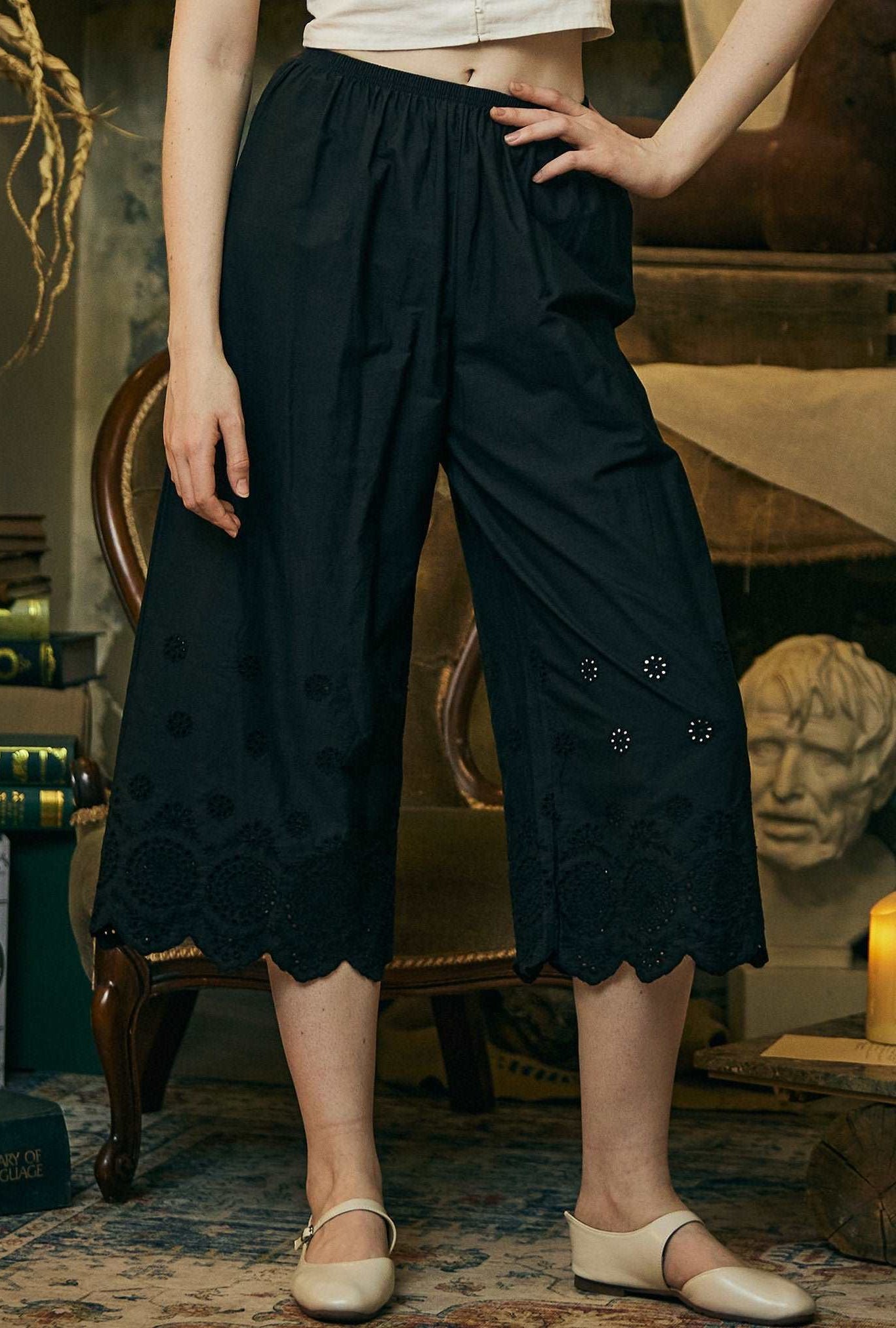 Bloomers Women Cotton Pettipants Pantaloons Long Victorian Style Bloomers Pants Plus Size Bloomers Embroidery Hem Ivory Black