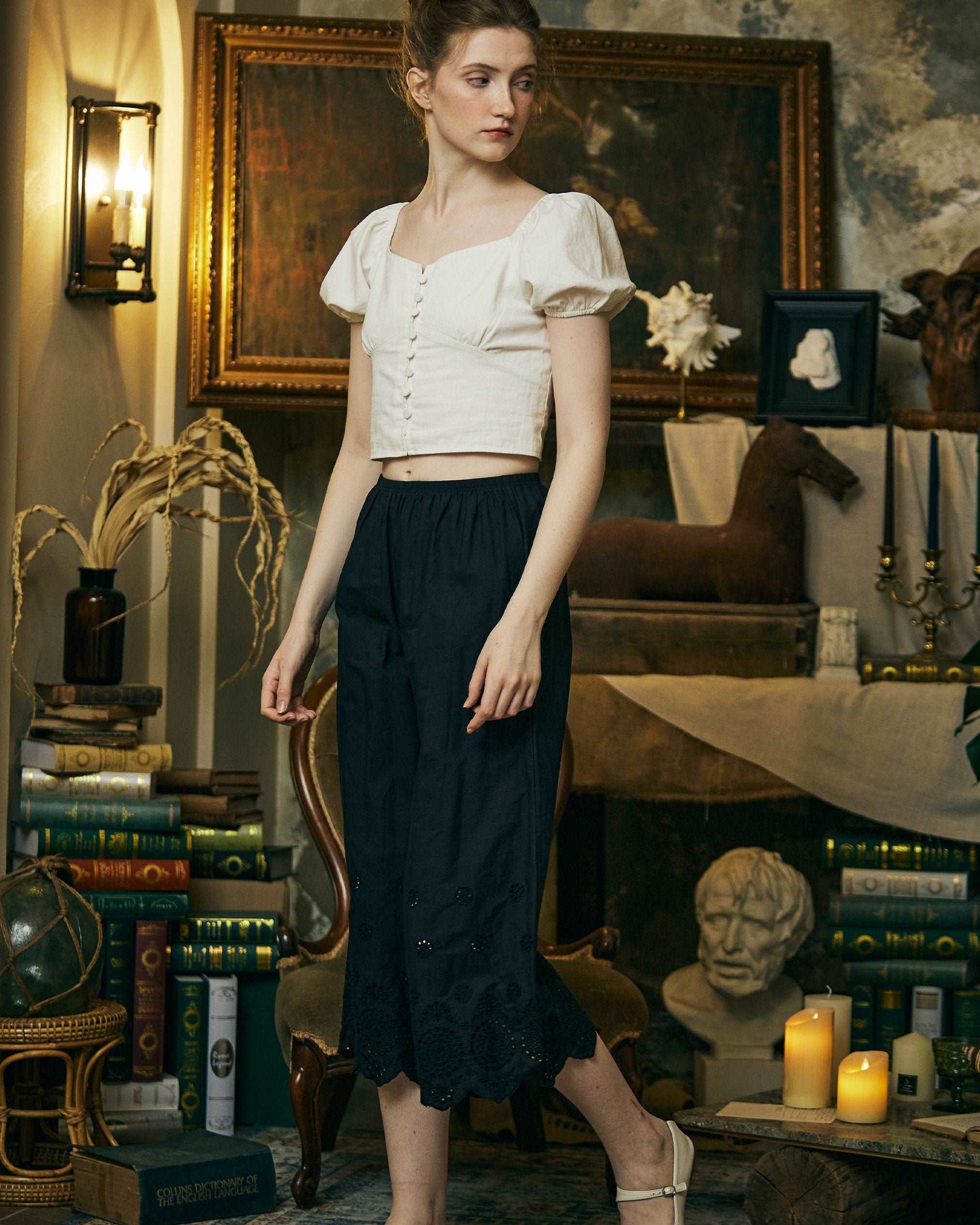 Bloomers Women Cotton Pettipants Pantaloons Long Victorian Style Bloomers Pants Plus Size Bloomers Embroidery Hem Ivory Black