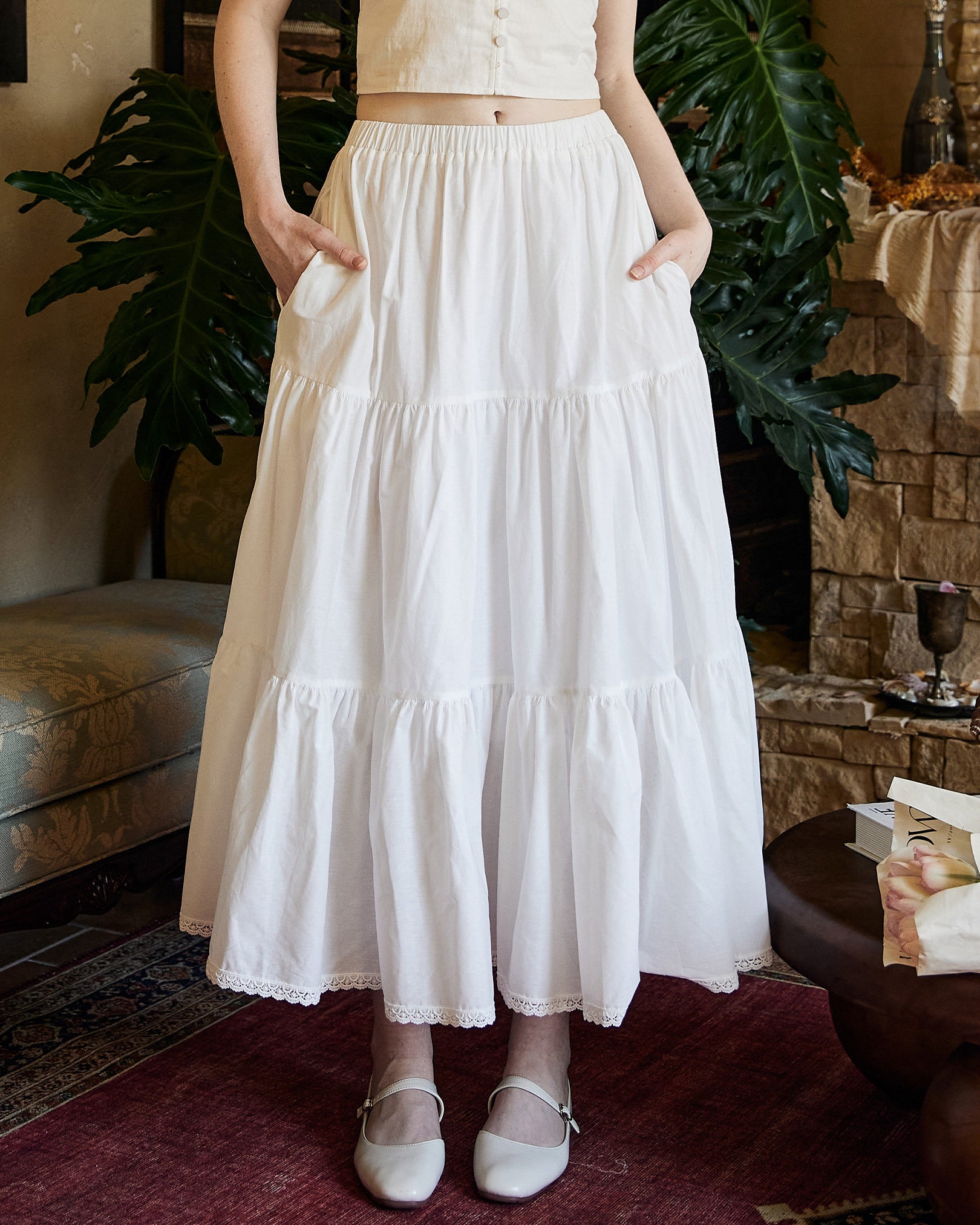 Tiered Pocket Maxi Skirt White Cotton Skirt Long Boho Black Pleated Tea Length Skirt Flexible Waistband Petticoat Midi Skirt Lace Trim