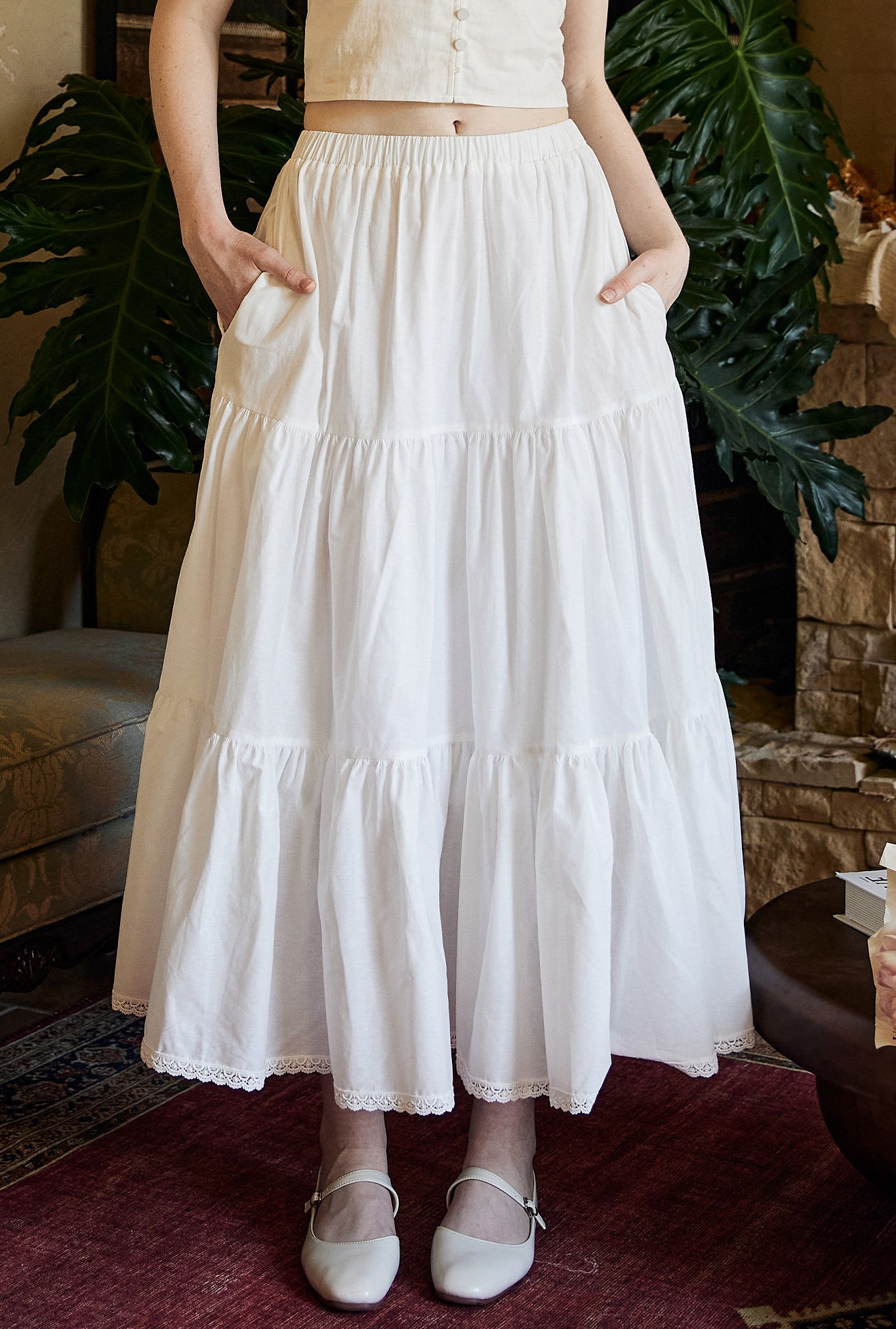 Tiered Pocket Maxi Skirt White Cotton Skirt Long Boho Black Pleated Tea Length Skirt Flexible Waistband Petticoat Midi Skirt Lace Trim
