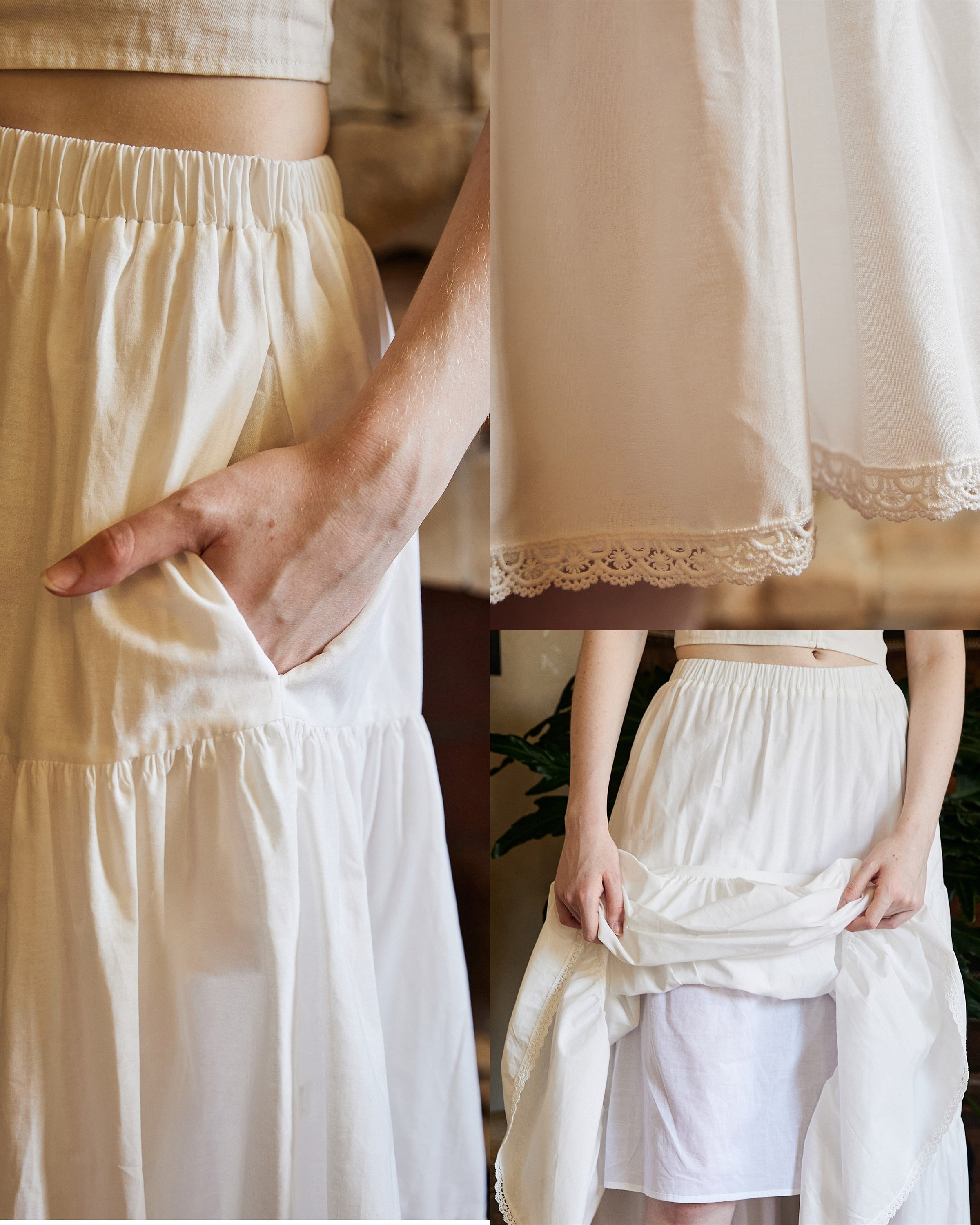 Tiered Pocket Maxi Skirt White Cotton Skirt Long Boho Black Pleated Tea Length Skirt Flexible Waistband Petticoat Midi Skirt Lace Trim