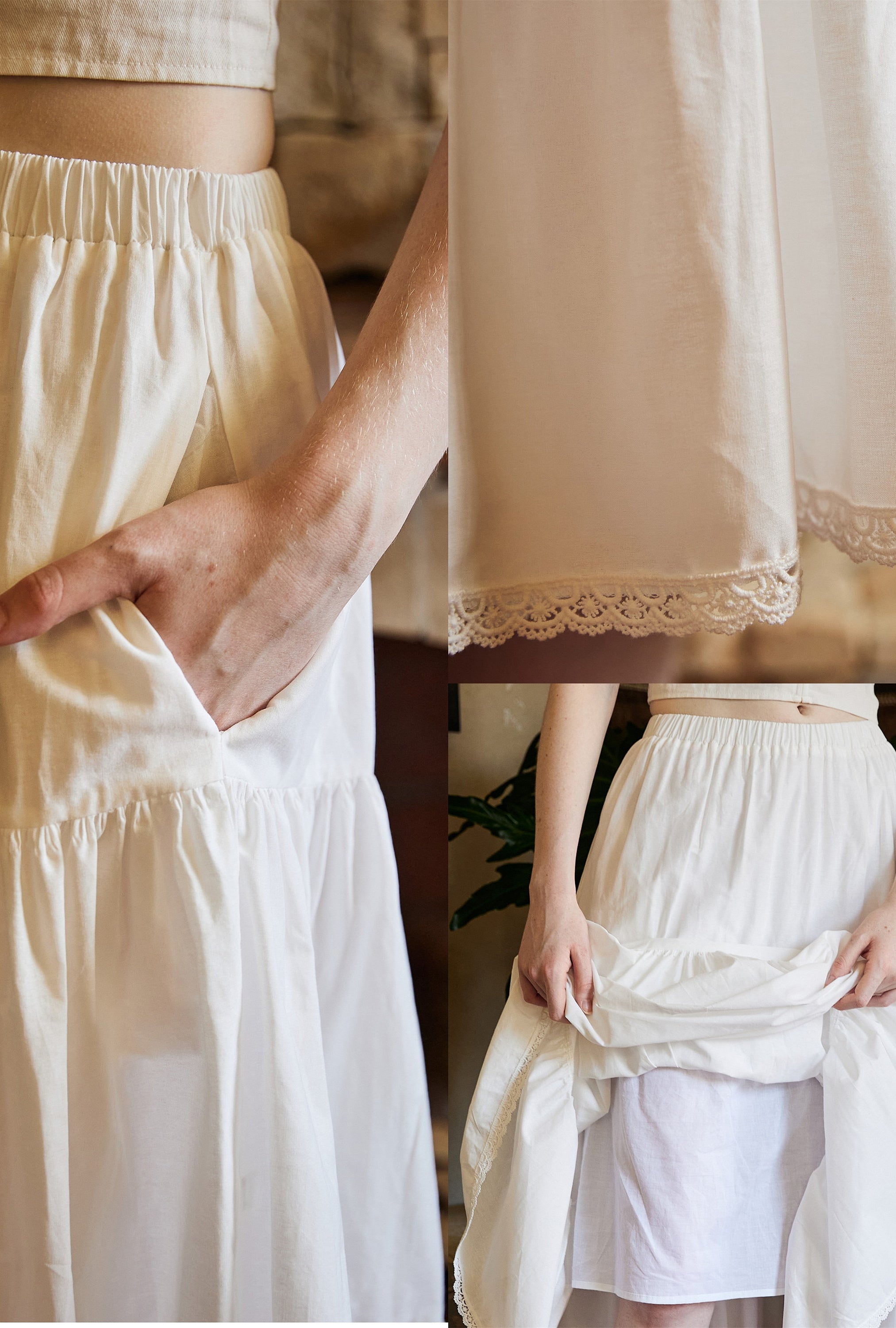 Tiered Pocket Maxi Skirt White Cotton Skirt Long Boho Black Pleated Tea Length Skirt Flexible Waistband Petticoat Midi Skirt Lace Trim
