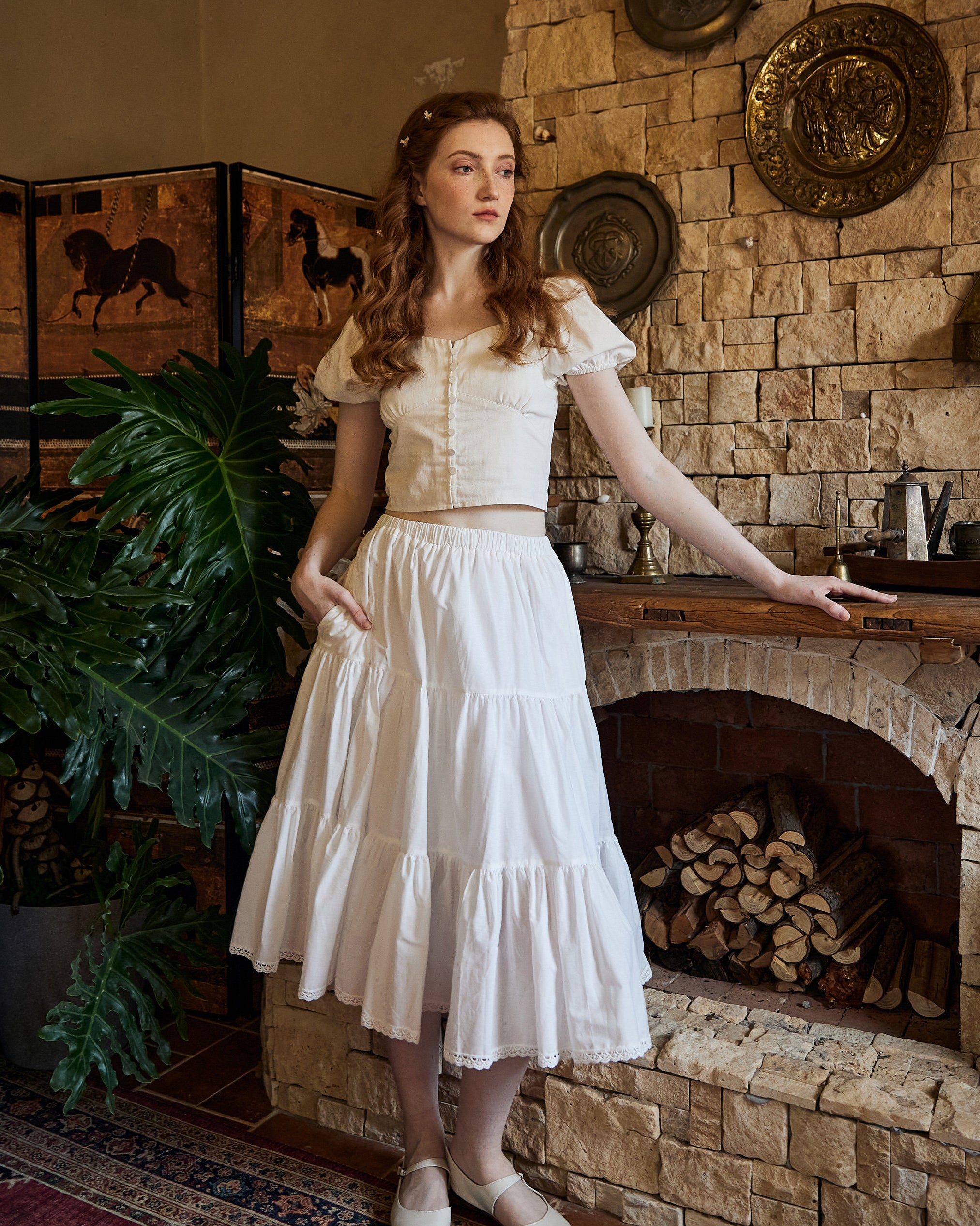 Tiered Pocket Maxi Skirt White Cotton Skirt Long Boho Black Pleated Tea Length Skirt Flexible Waistband Petticoat Midi Skirt Lace Trim