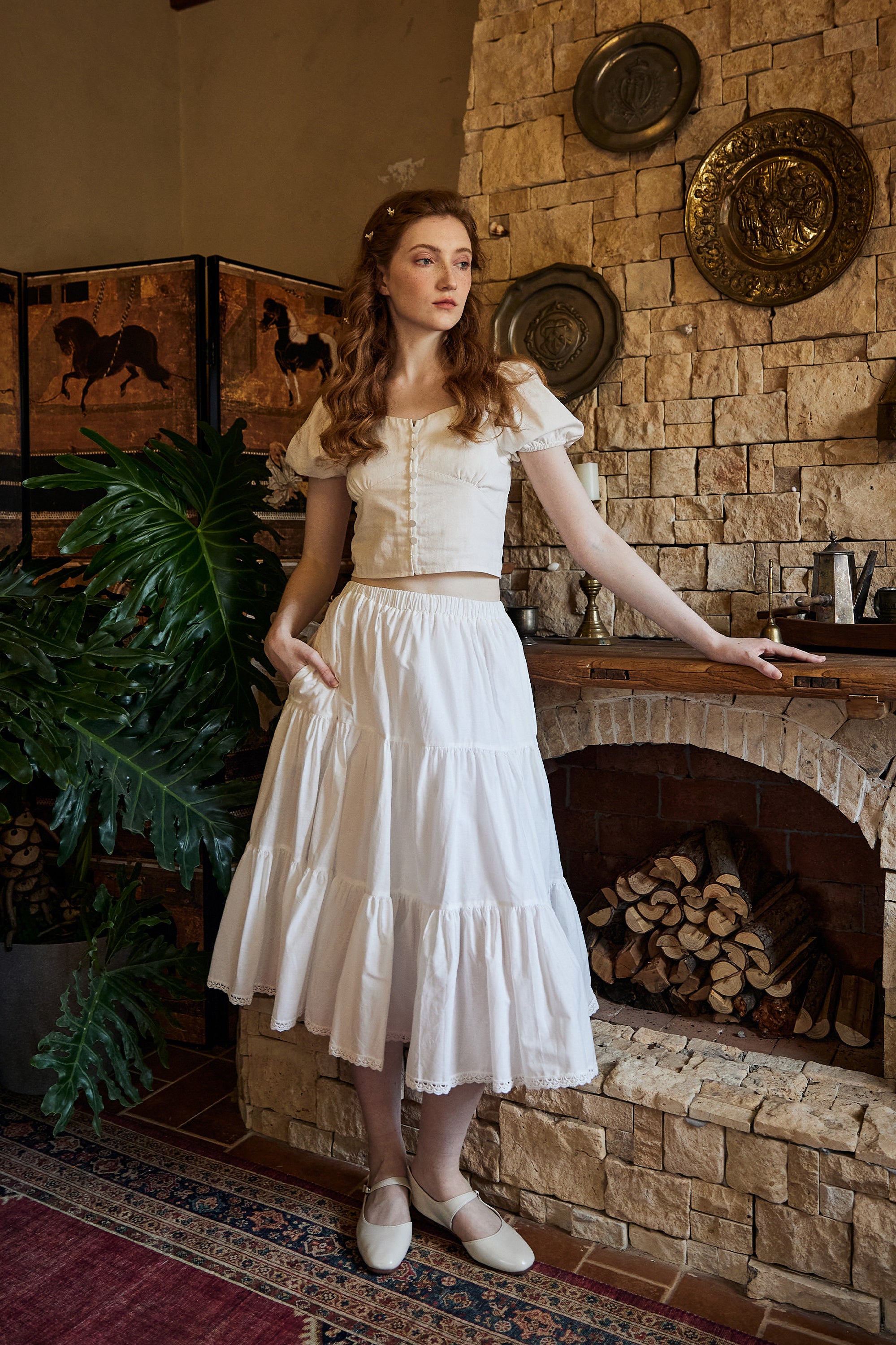 100% Cotton White Tiered Midi Skirt with Pockets & Lace Trim