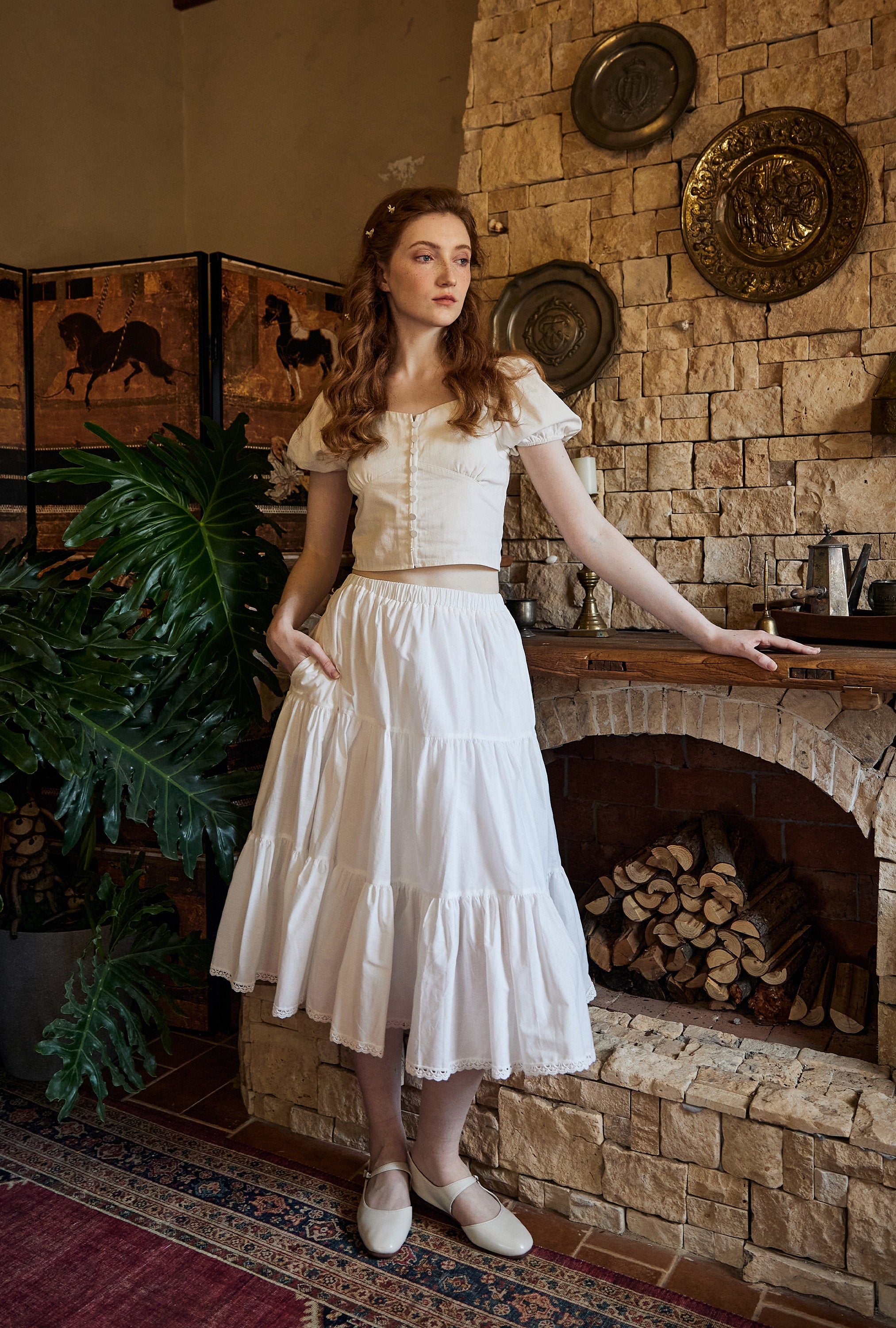 100% Cotton White Tiered Midi Skirt with Pockets & Lace Trim