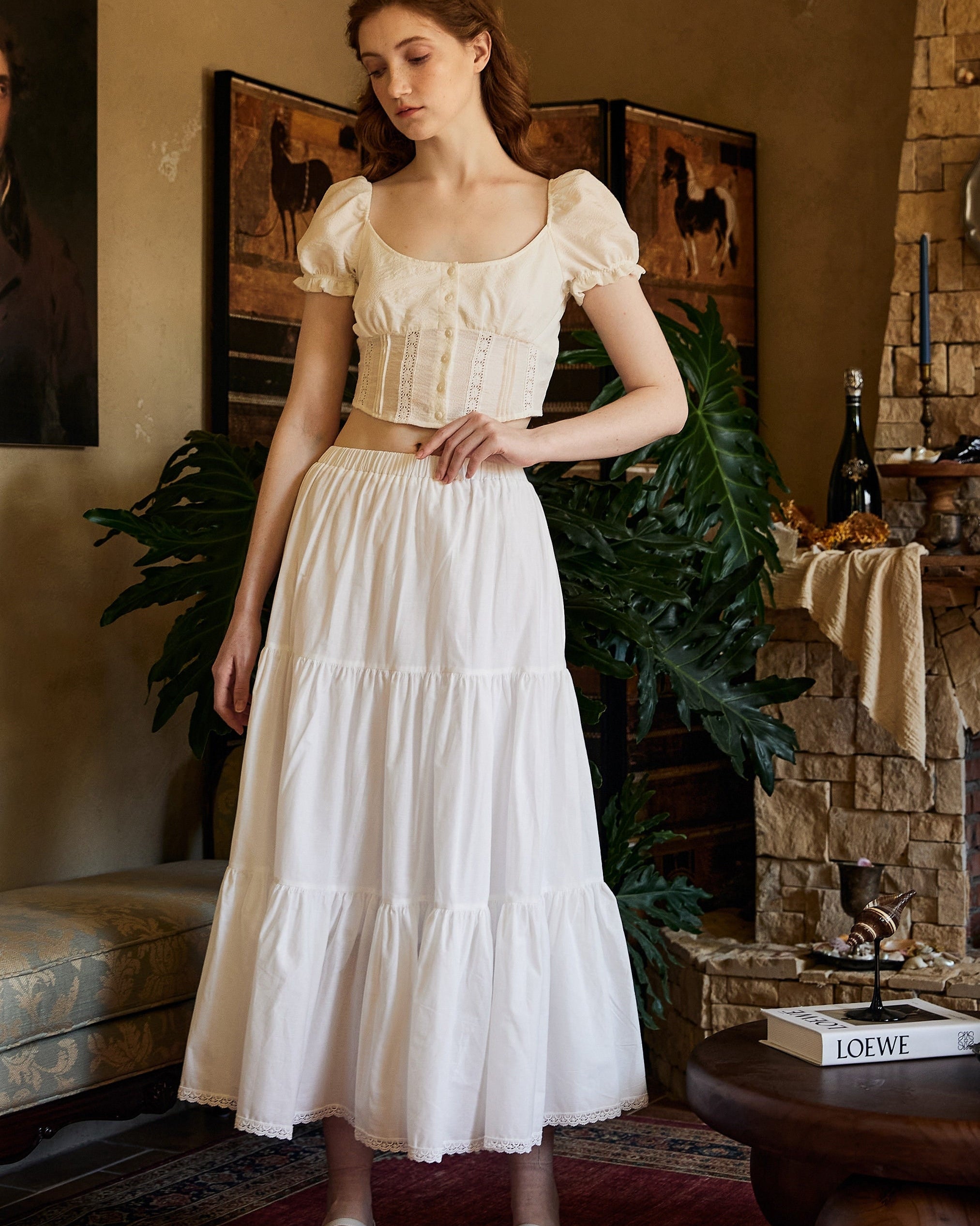 Tiered Pocket Maxi Skirt White Cotton Skirt Long Boho Black Pleated Tea Length Skirt Flexible Waistband Petticoat Midi Skirt Lace Trim