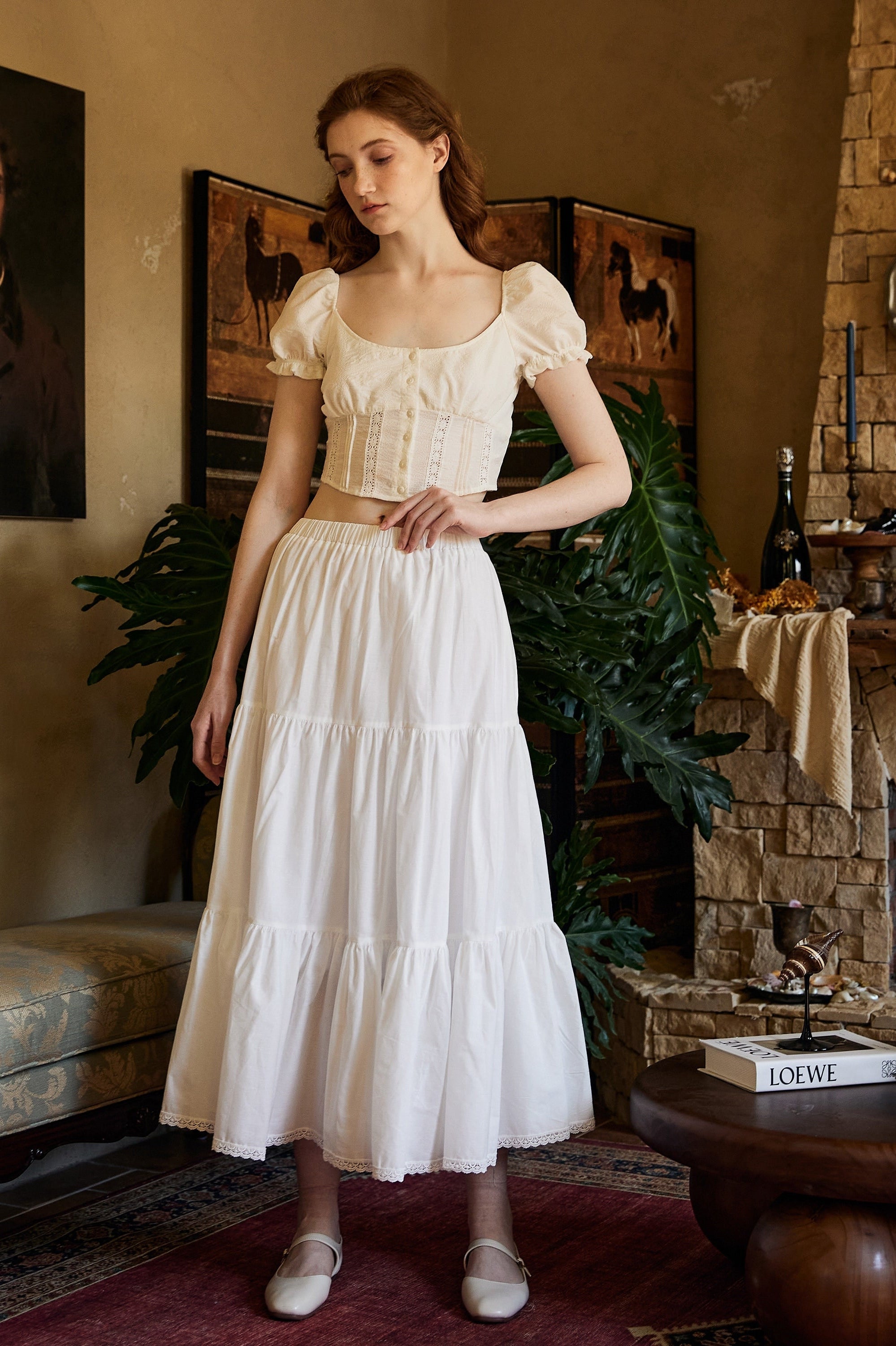 Tiered Pocket Maxi Skirt White Cotton Skirt Long Boho