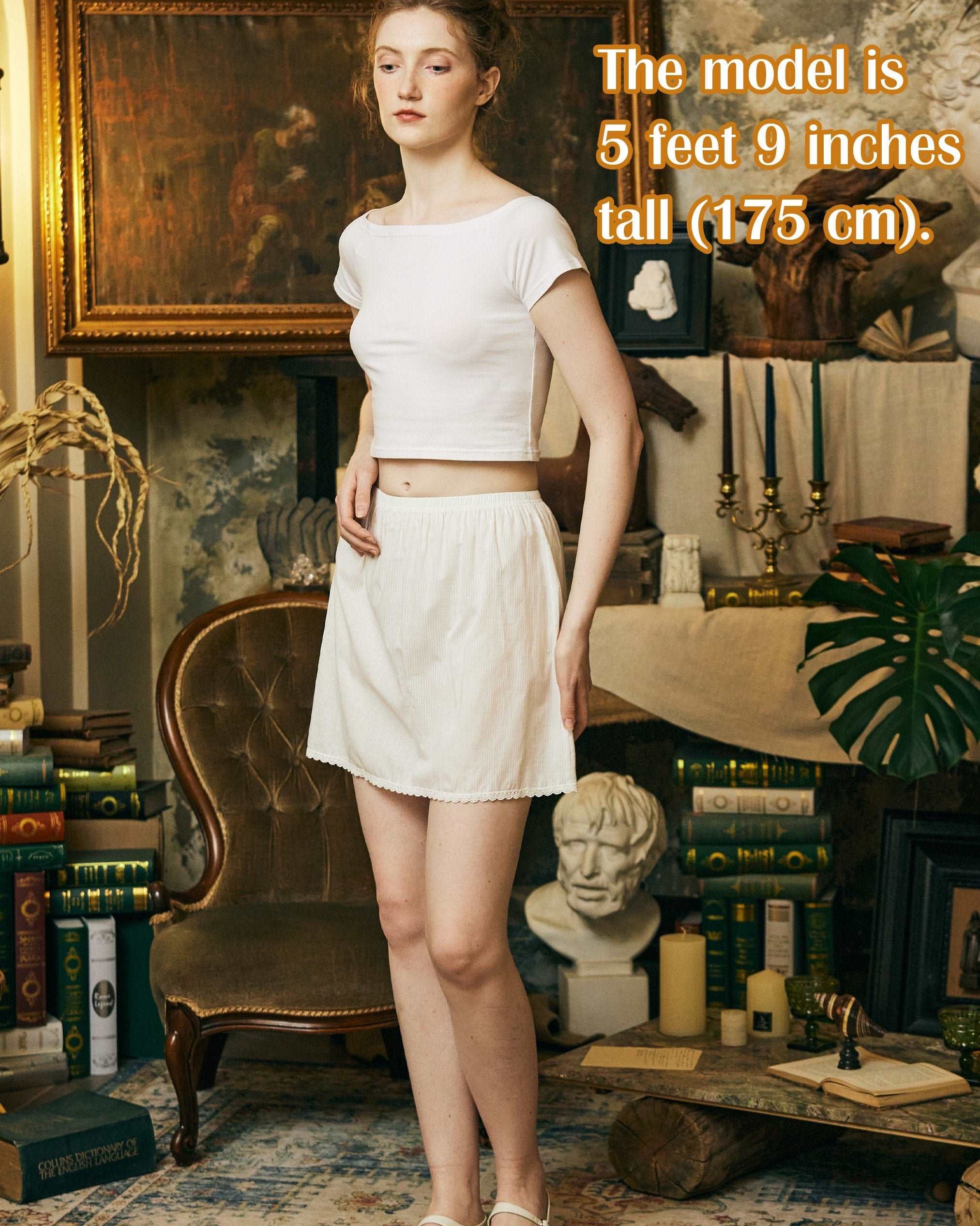 Cotton Half Slip Victorian Petticoat Skirt Organic Cotton Unterrock Women White Underskirt with Lace Trim in Three Lengths Stripe Elements