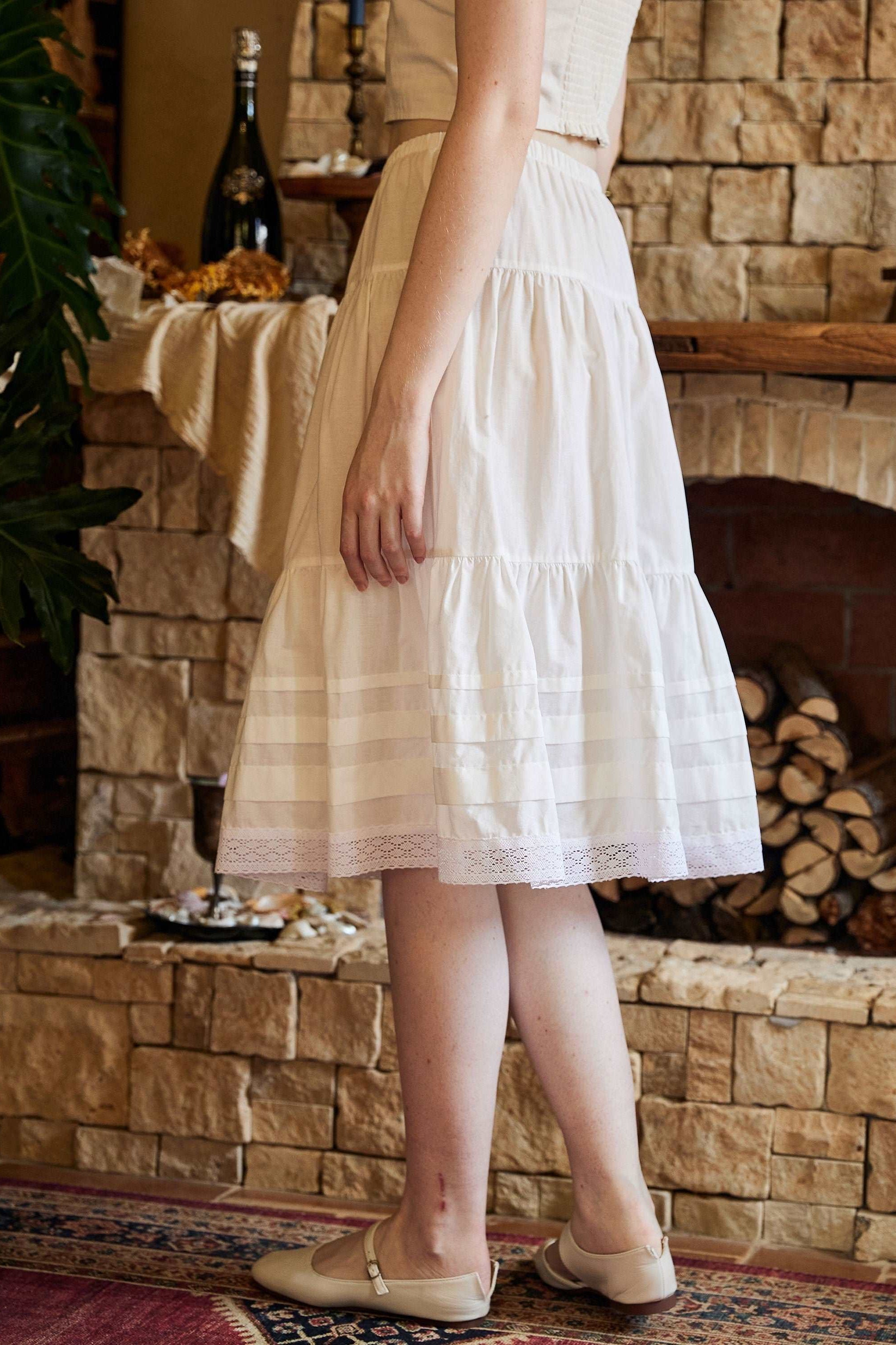 Cotton Victorian Style Skirt White Petticoat Slip Lace Edged Underskirt White Skirt Calf Length Petticoat Skirt