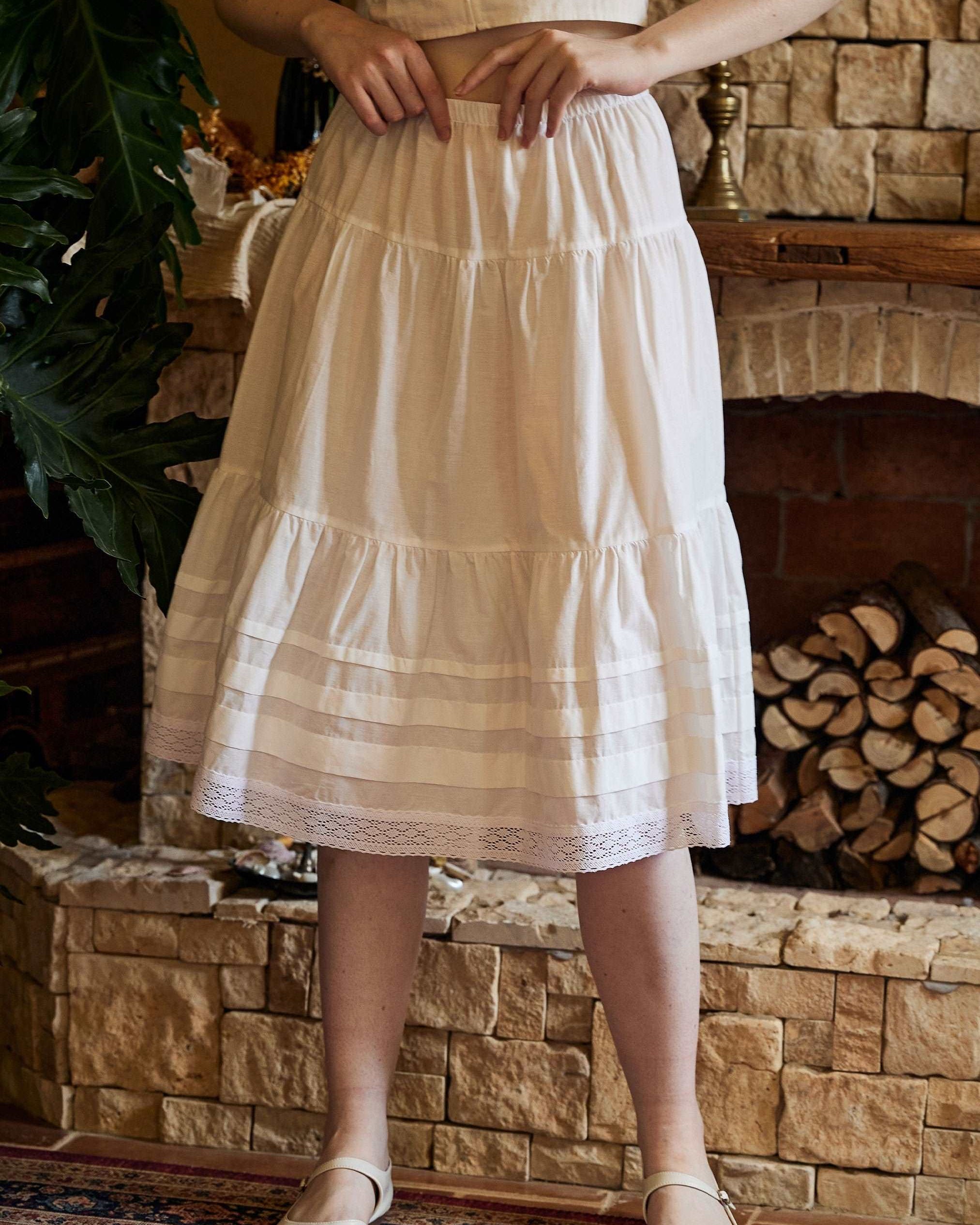 Cotton Victorian Style Skirt White Petticoat Slip Lace Edged Underskirt White Skirt Calf Length Petticoat Skirt
