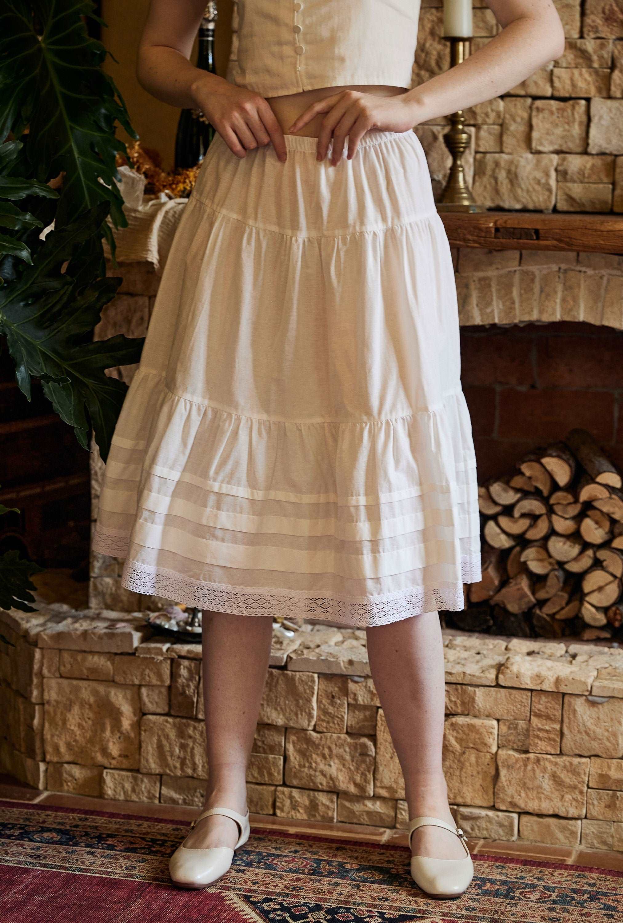 Cotton Victorian Style Skirt White Petticoat Slip Lace Edged Underskirt White Skirt Calf Length Petticoat Skirt