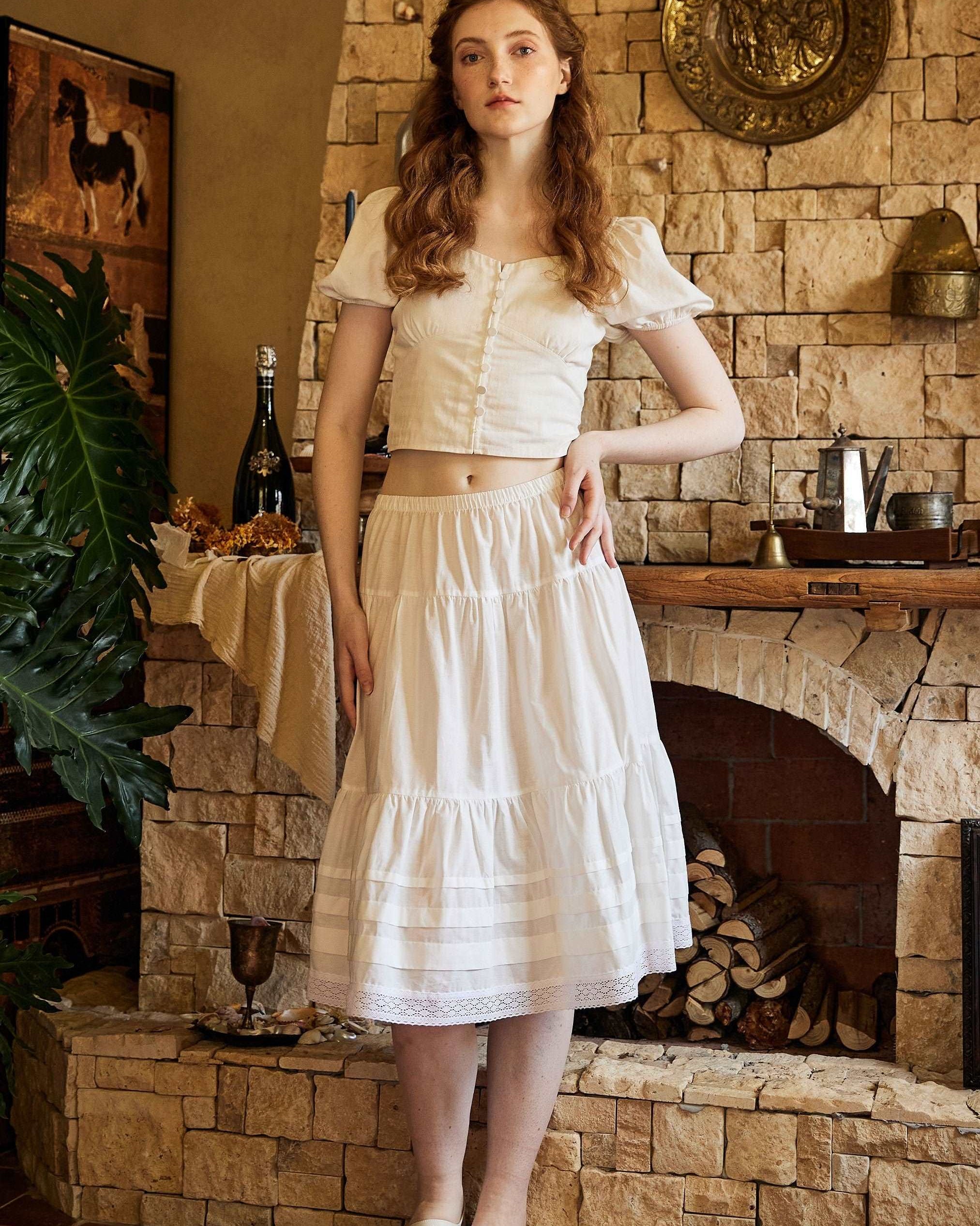 Cotton Victorian Style Skirt White Petticoat Slip Lace Edged Underskirt White Skirt Calf Length Petticoat Skirt