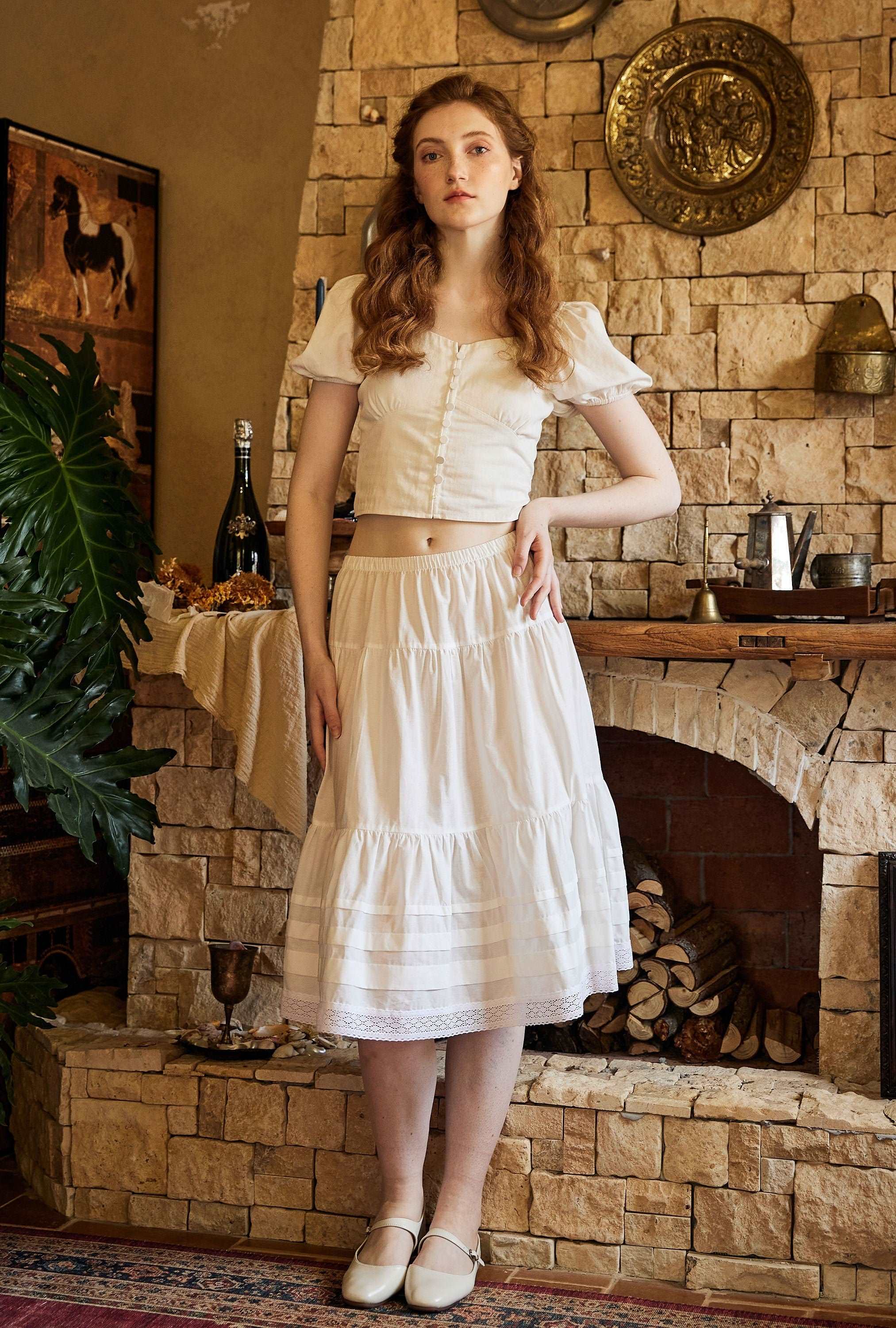 Cotton Victorian Style Skirt White Petticoat Slip Lace Edged Underskirt White Skirt Calf Length Petticoat Skirt