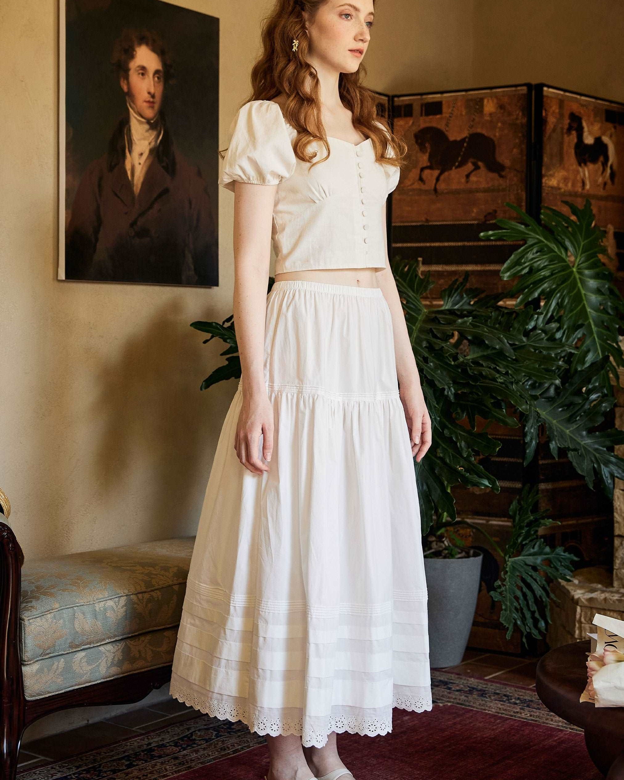 Cotton Victorian Style Long Skirt White Petticoat Slip Lace Edged Underskirt Tiered Skirt Ankle Length Petticoat Skirt