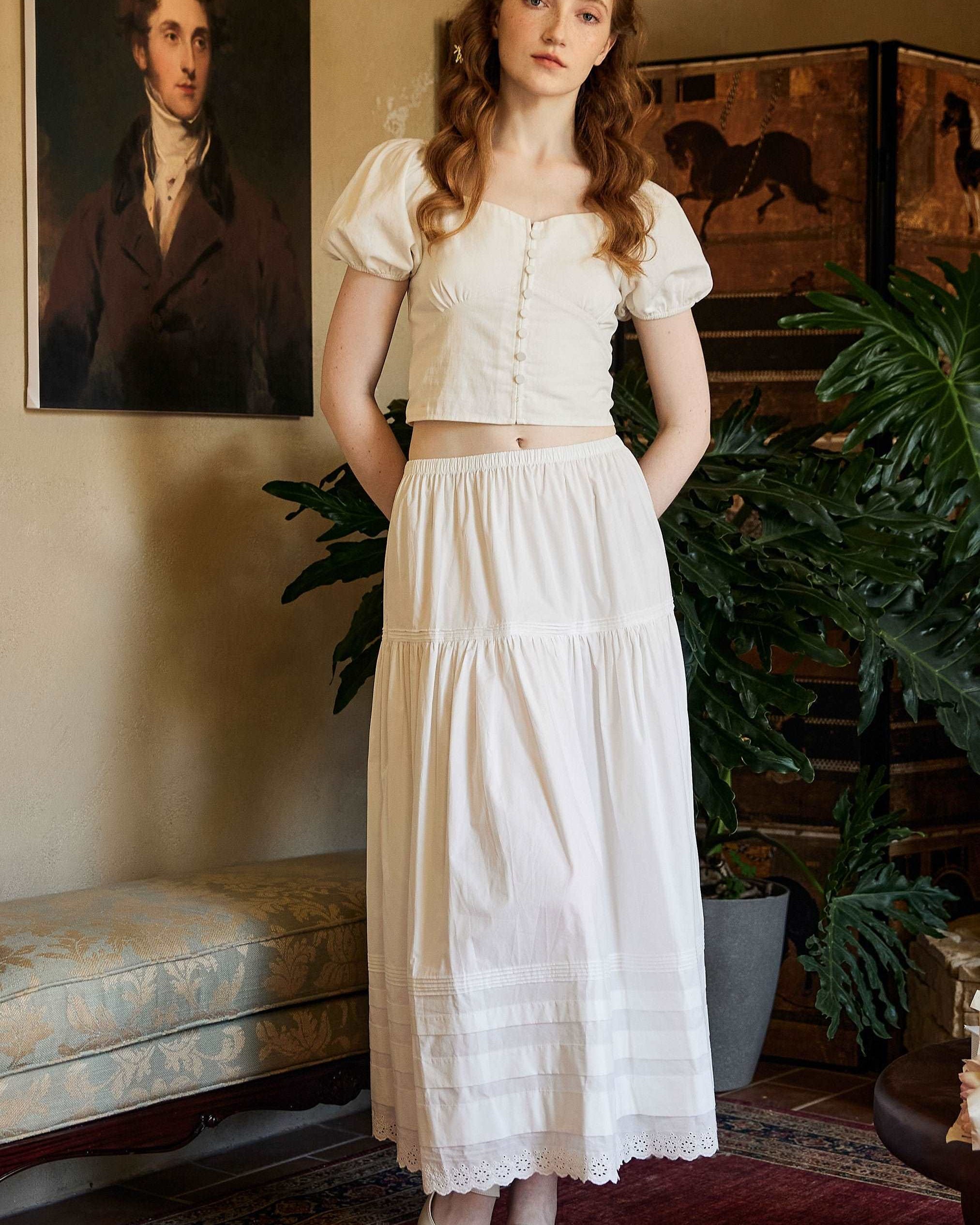 Cotton Victorian Style Long Skirt White Petticoat Slip Lace Edged Underskirt Tiered Skirt Ankle Length Petticoat Skirt