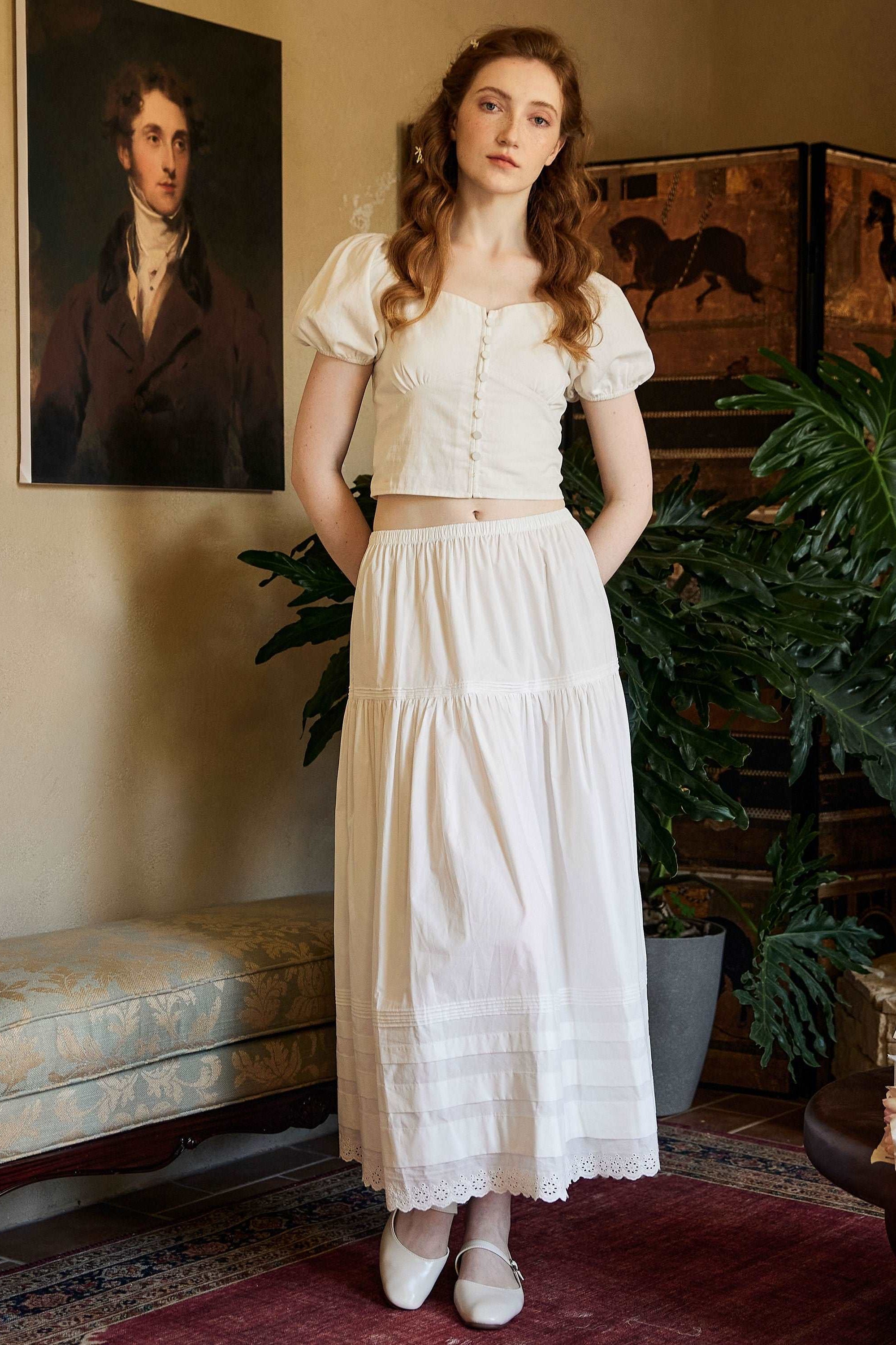 Cotton Victorian Style Long Skirt White Petticoat Slip Lace Edged Underskirt Tiered Skirt Ankle Length Petticoat Skirt