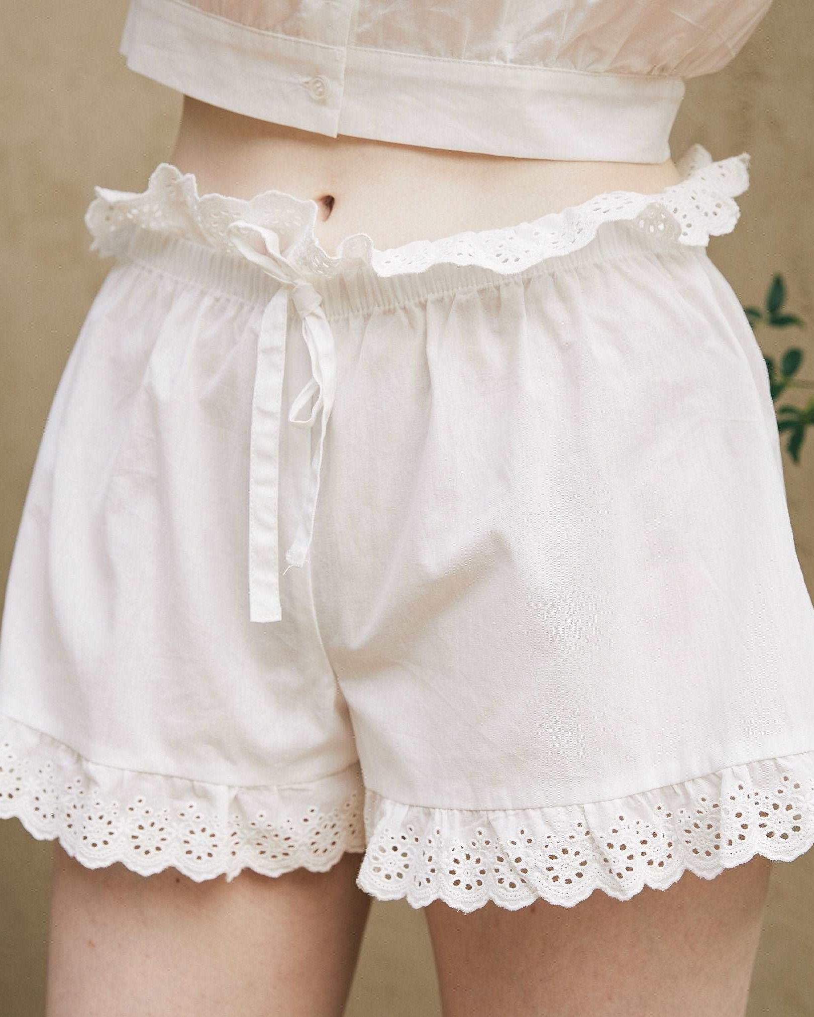 Cotton Bloomers High Waisted Shorts White Summer Shorts Woman Beach Shorts Pettipants Lace Trim Drawstring Waist