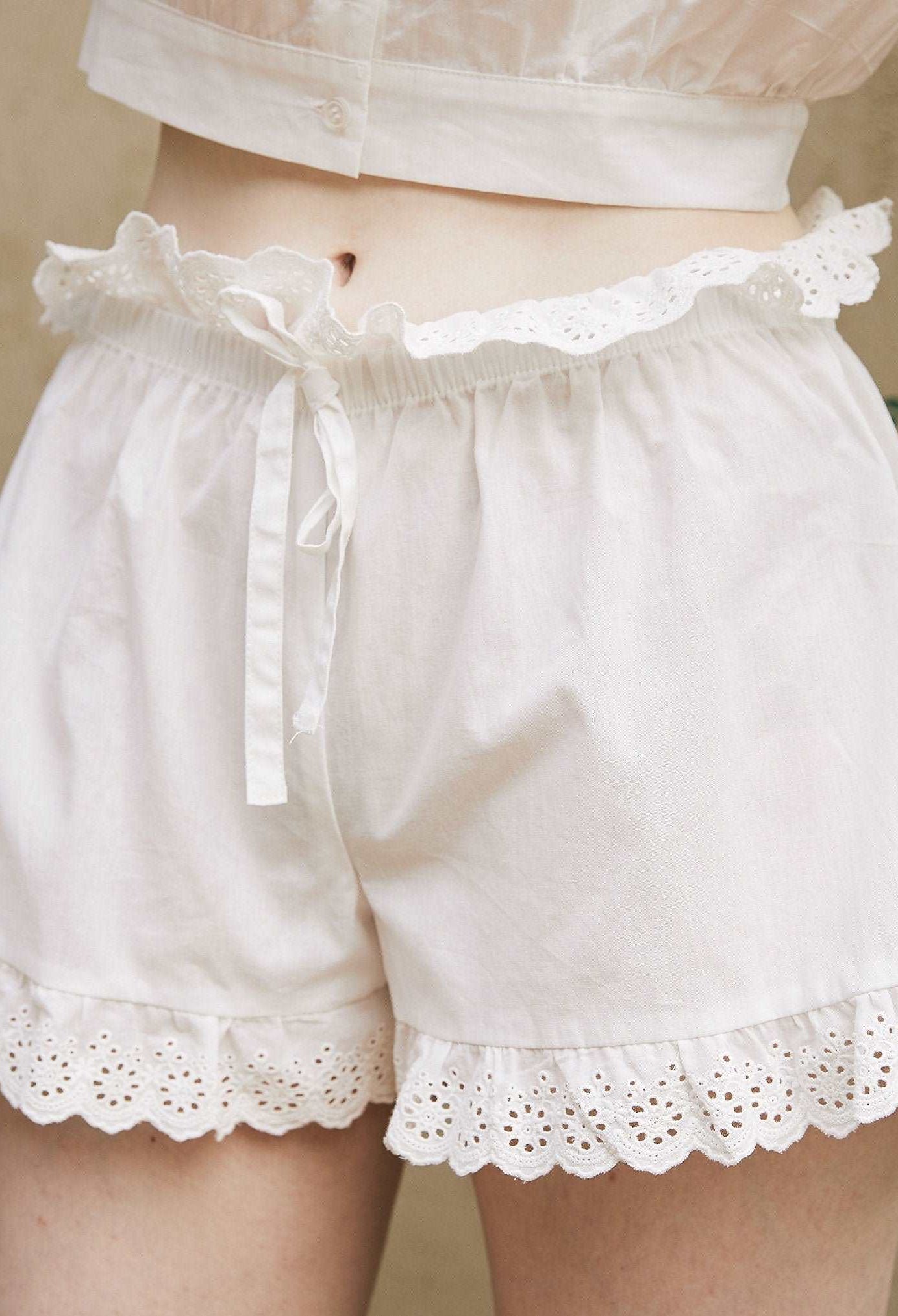 Cotton Bloomers High Waisted Shorts White Summer Shorts Woman Beach Shorts Pettipants Lace Trim Drawstring Waist