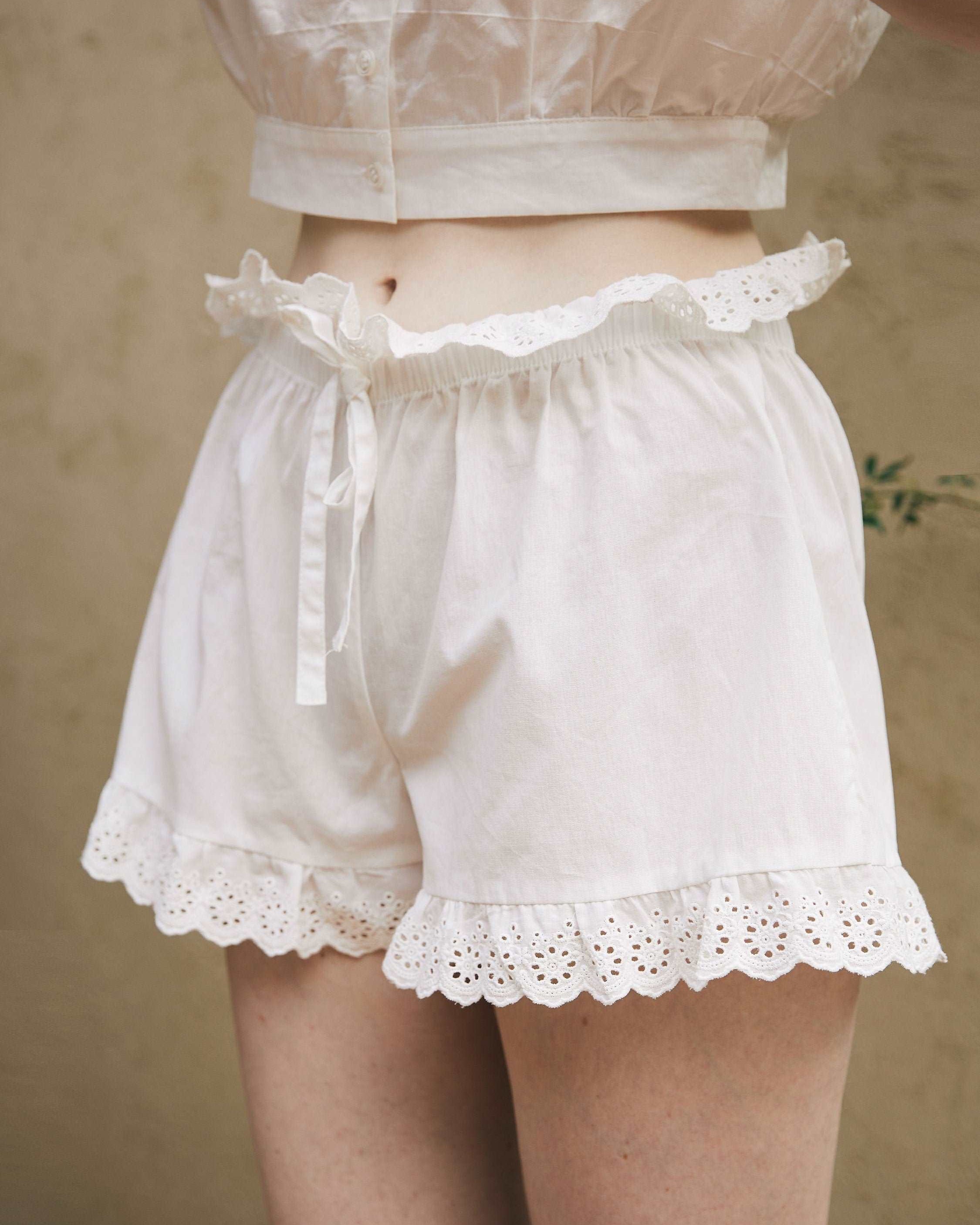 Cotton Bloomers High Waisted Shorts White Summer Shorts Woman Beach Shorts Pettipants Lace Trim Drawstring Waist