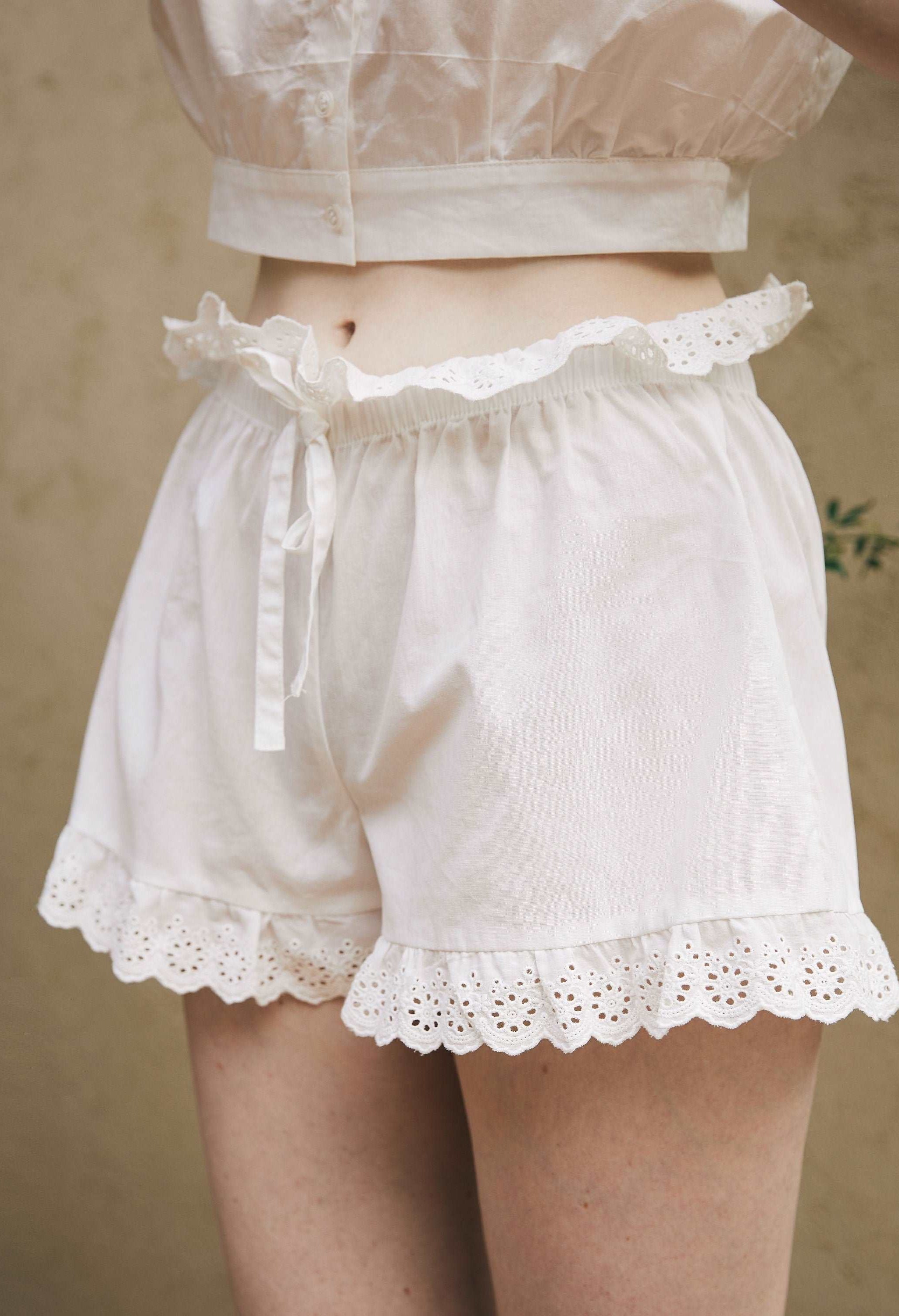 Cotton Bloomers High Waisted Shorts White Summer Shorts Woman Beach Shorts Pettipants Lace Trim Drawstring Waist