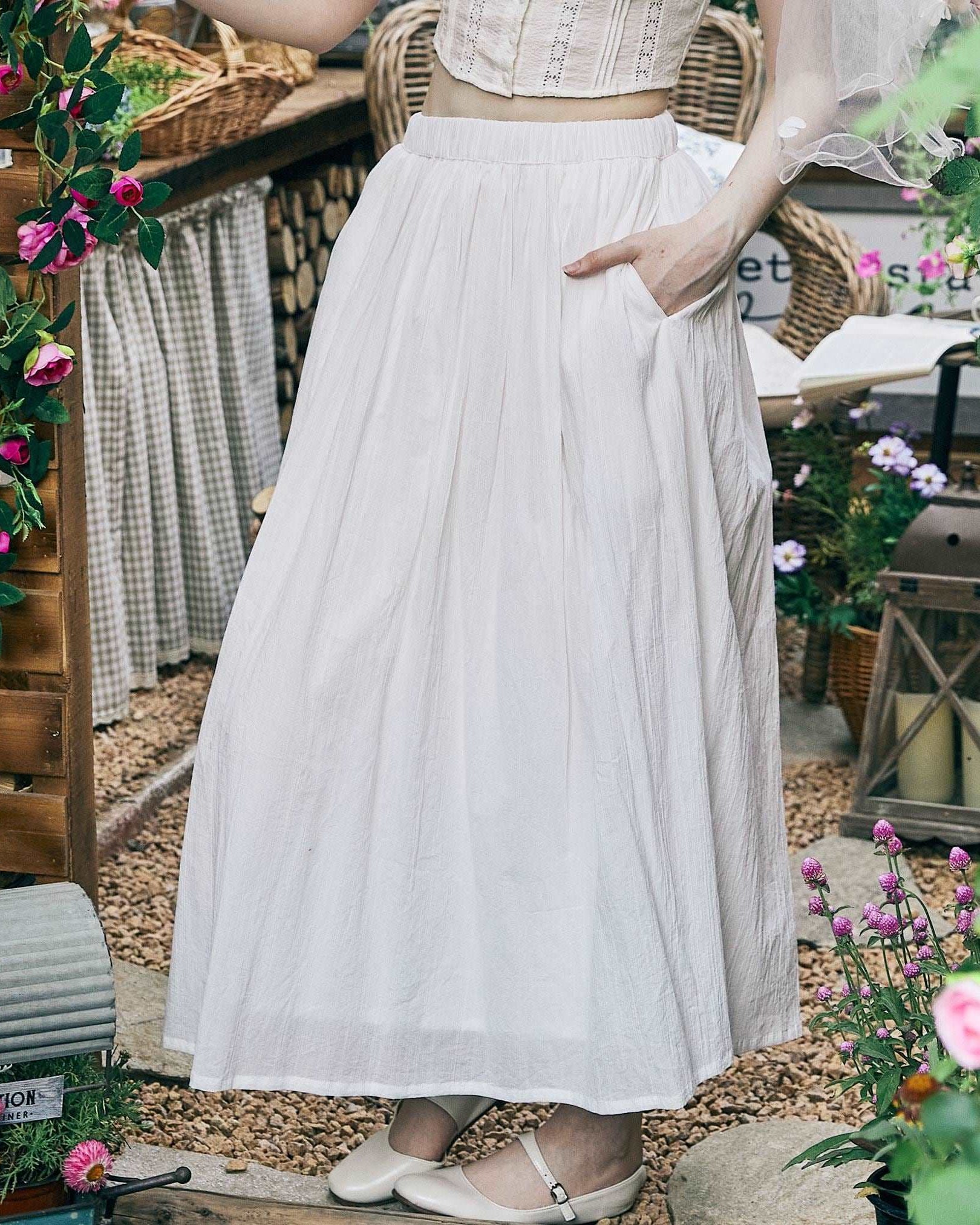 Cotton Skirt Long White Maxi Skirt Midi skirt with Pockets Beige or Cream Skirt With Lining Flexible Waistband