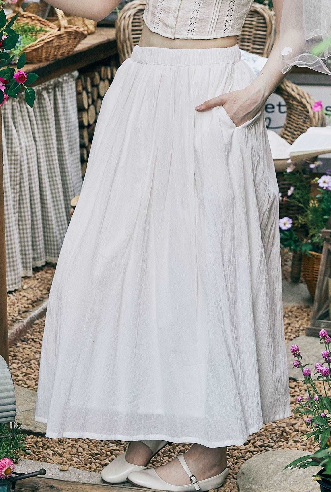 Cotton Skirt Long White Maxi Skirt Midi skirt with Pockets Beige or Cream Skirt With Lining Flexible Waistband