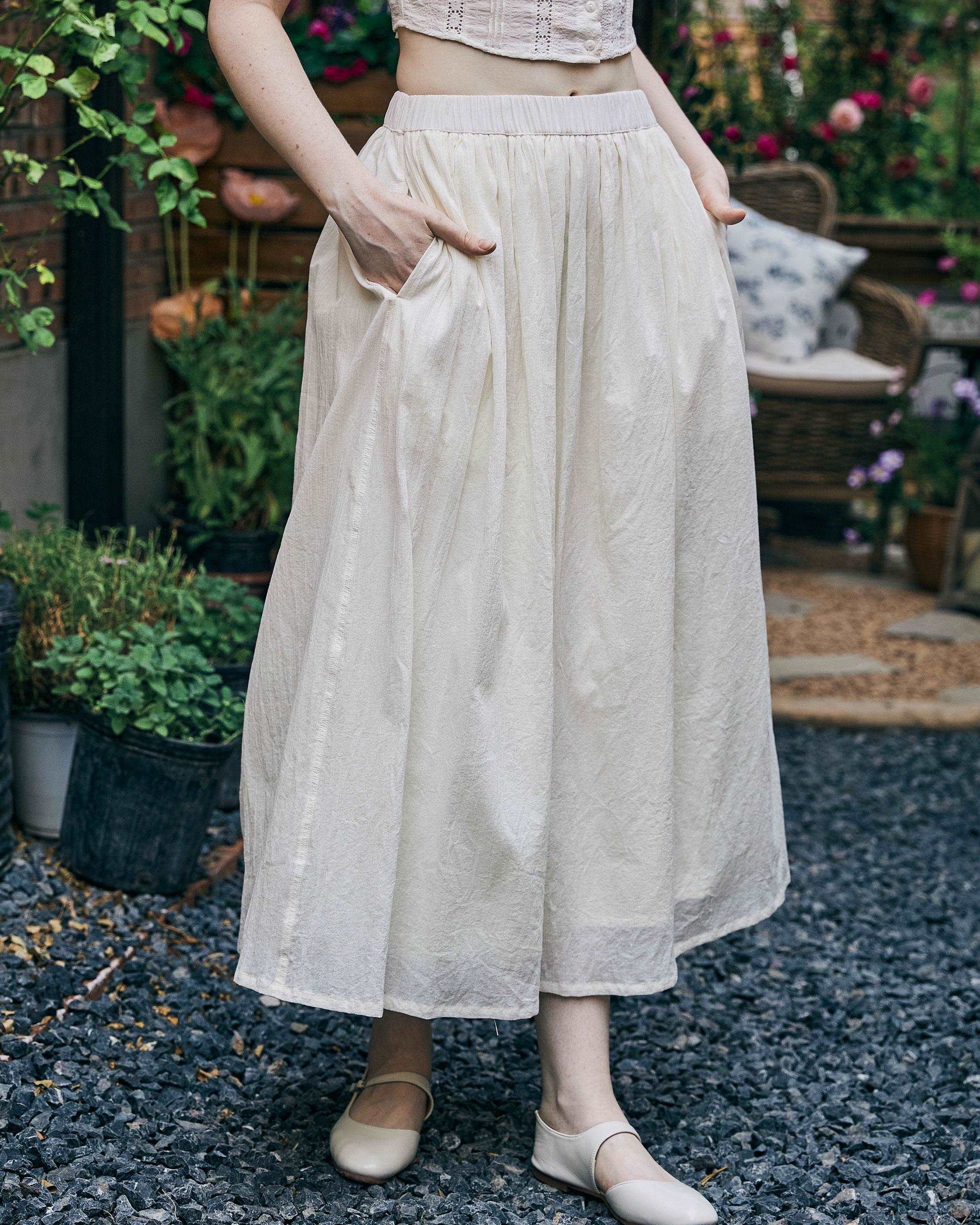 Cotton Skirt Long White Maxi Skirt Midi skirt with Pockets Beige or Cream Skirt With Lining Flexible Waistband