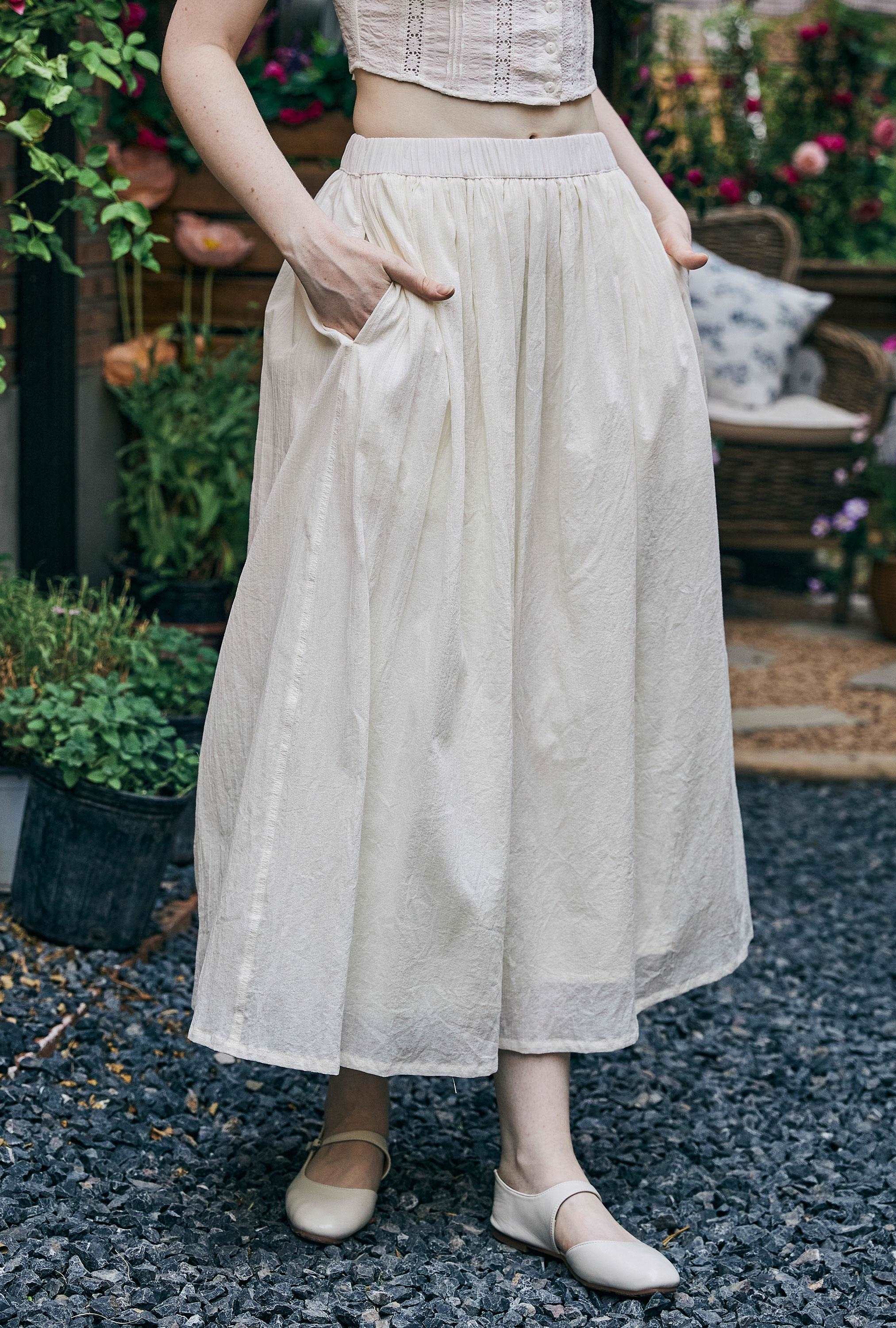 Cotton Skirt Long White Maxi Skirt Midi skirt with Pockets Beige or Cream Skirt With Lining Flexible Waistband