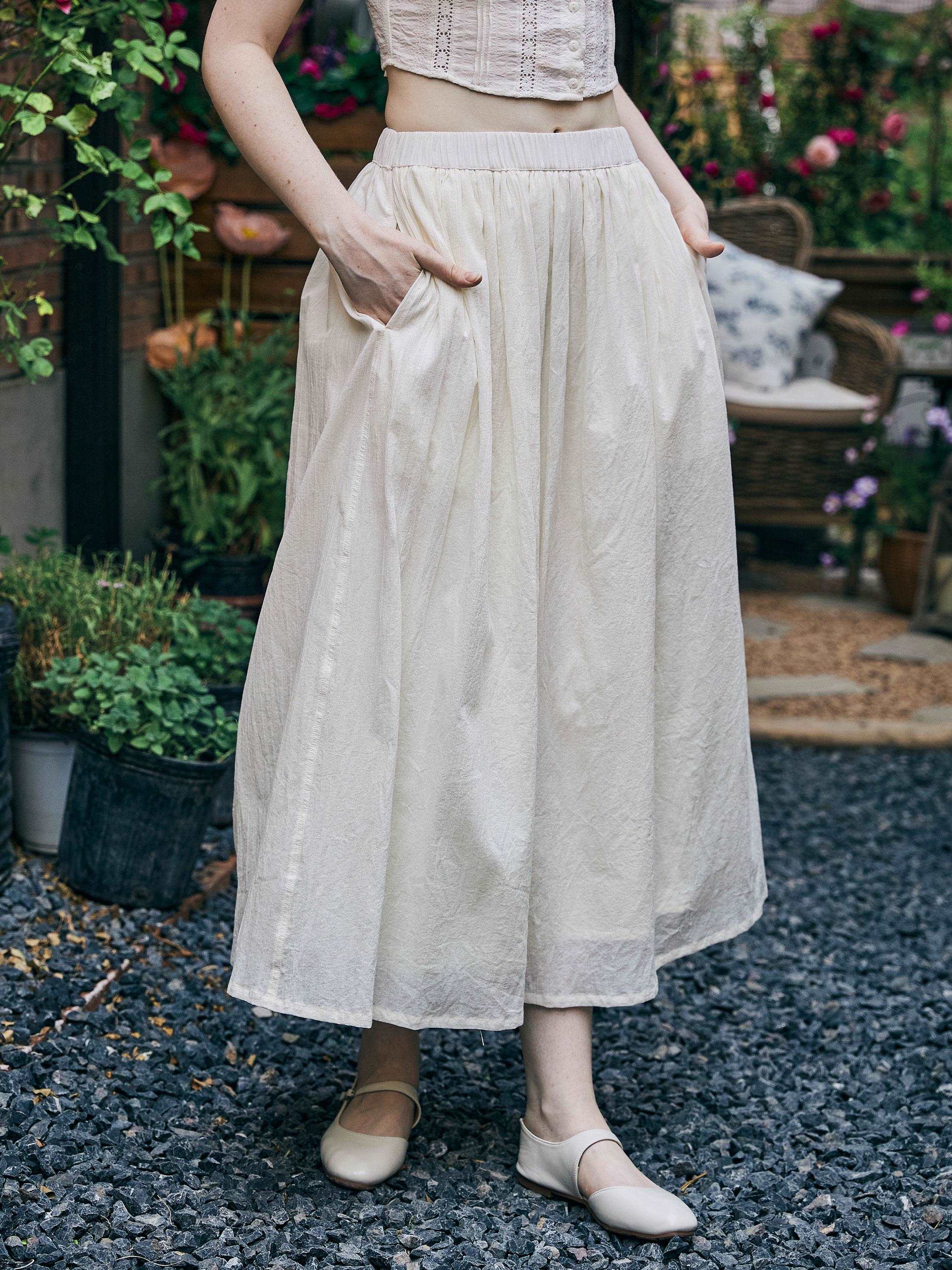 Cotton Skirt Long White Maxi Skirt Midi skirt with Pockets Beige or Cream Skirt With Lining Flexible Waistband