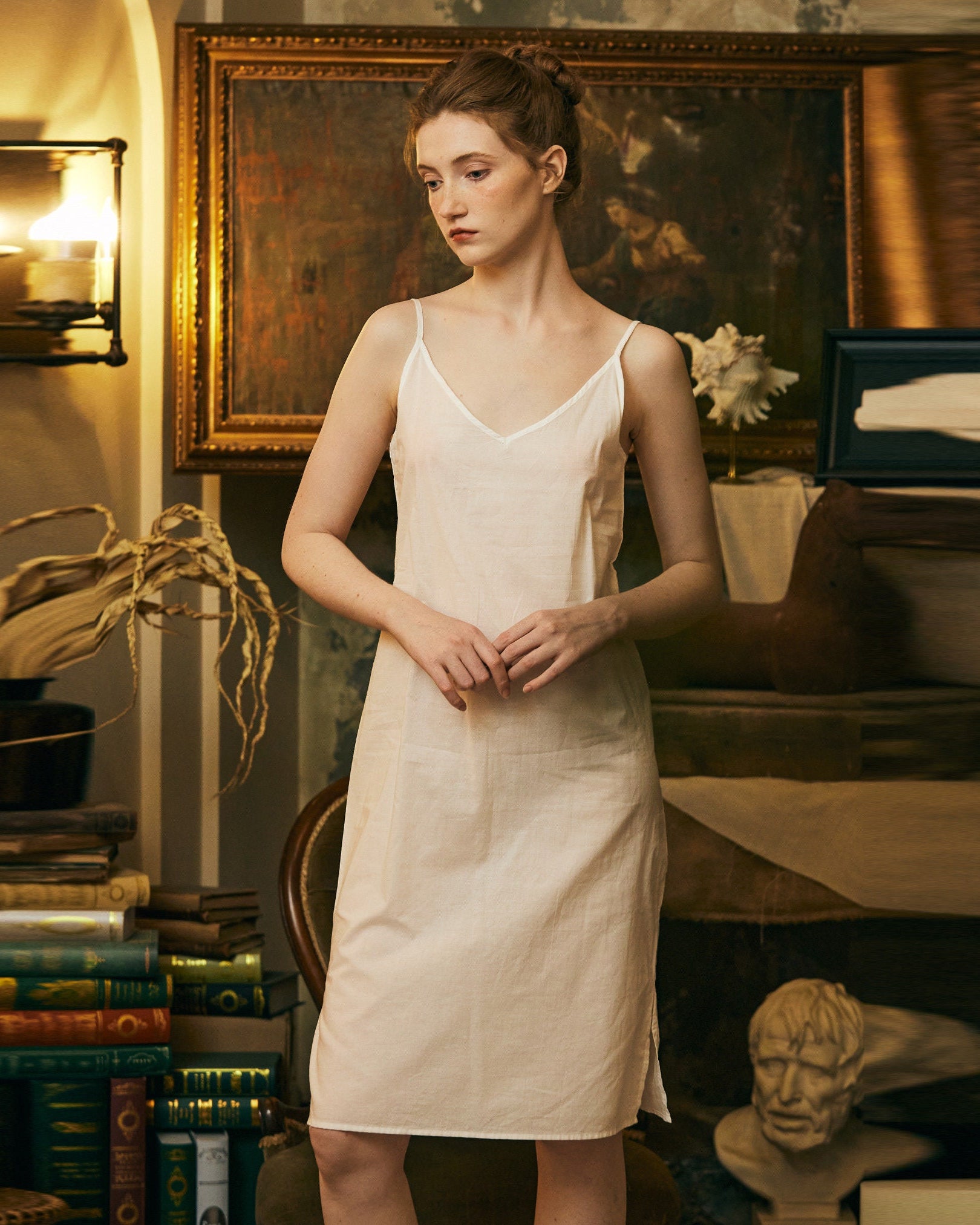 Women Cotton Slip Dress V Neck Slit Design Under Dress Camisole Vintage Style Skirt Extender Petticoat Full Slip