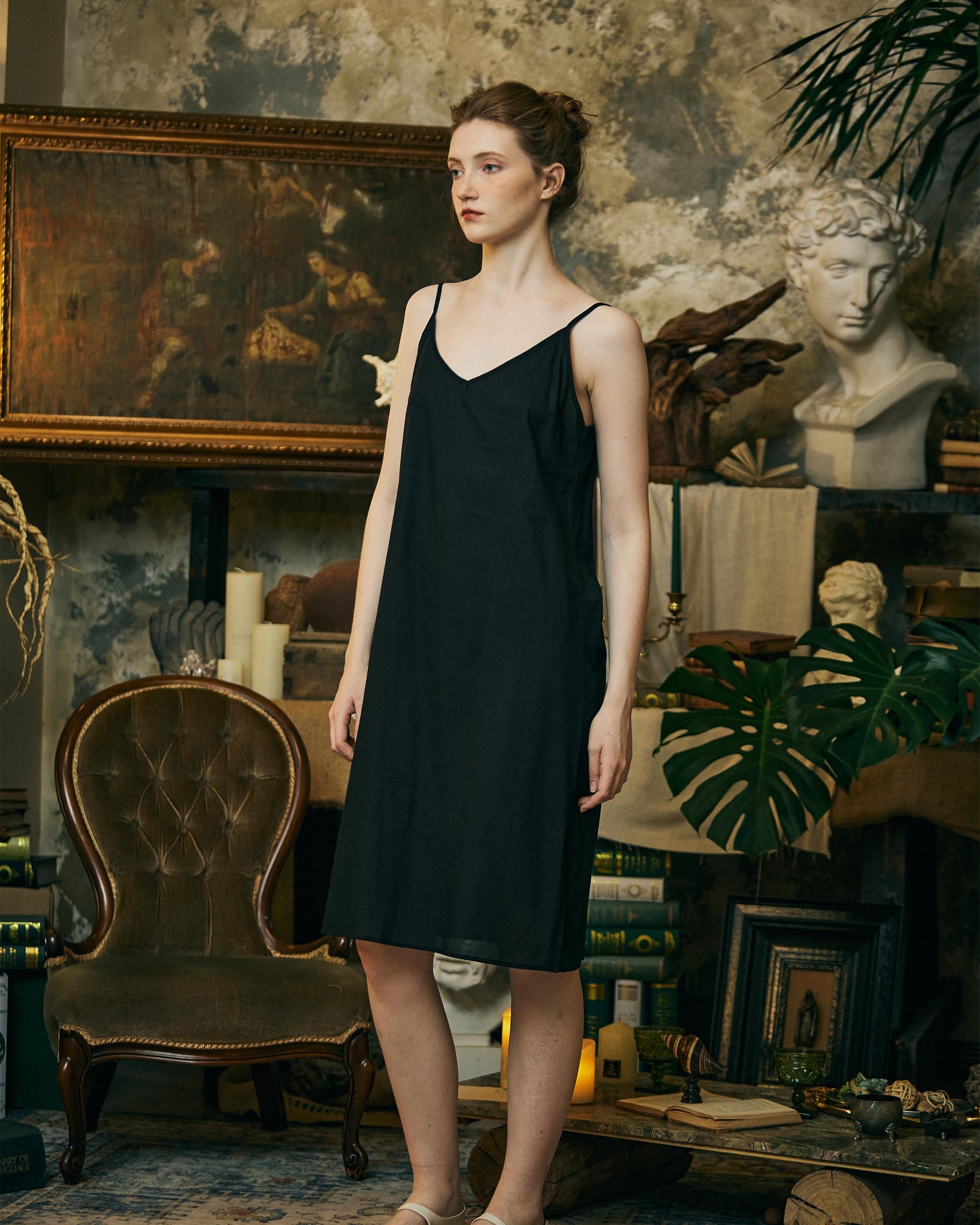 Women Cotton Slip Dress V Neck Slit Design Under Dress Camisole Vintage Style Skirt Extender Petticoat Full Slip