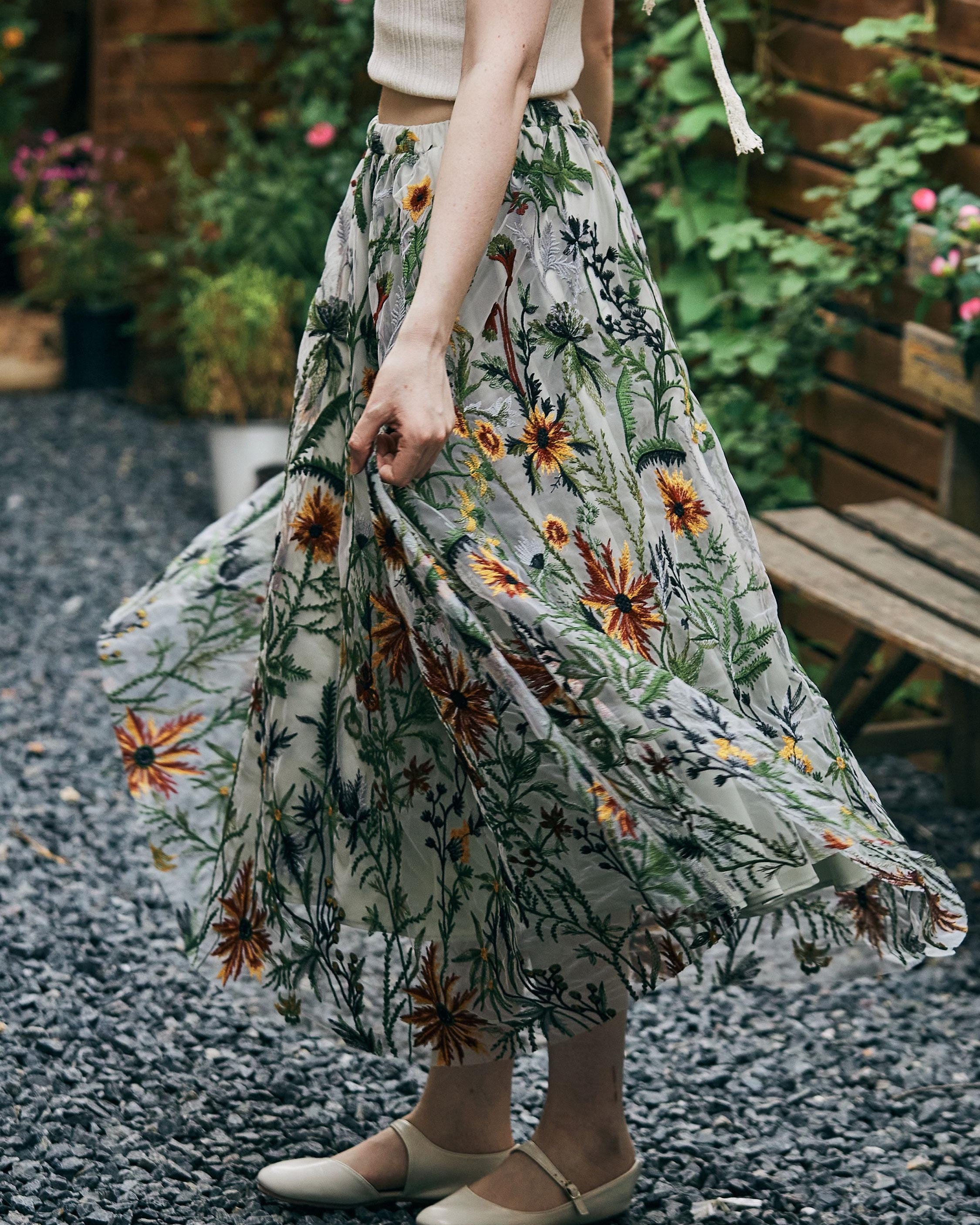 Flower Embroidery Tulle Skirt Maxi Skirt Midi Green Skirt With A Lining Flexible Waistband A Line Floral Dress