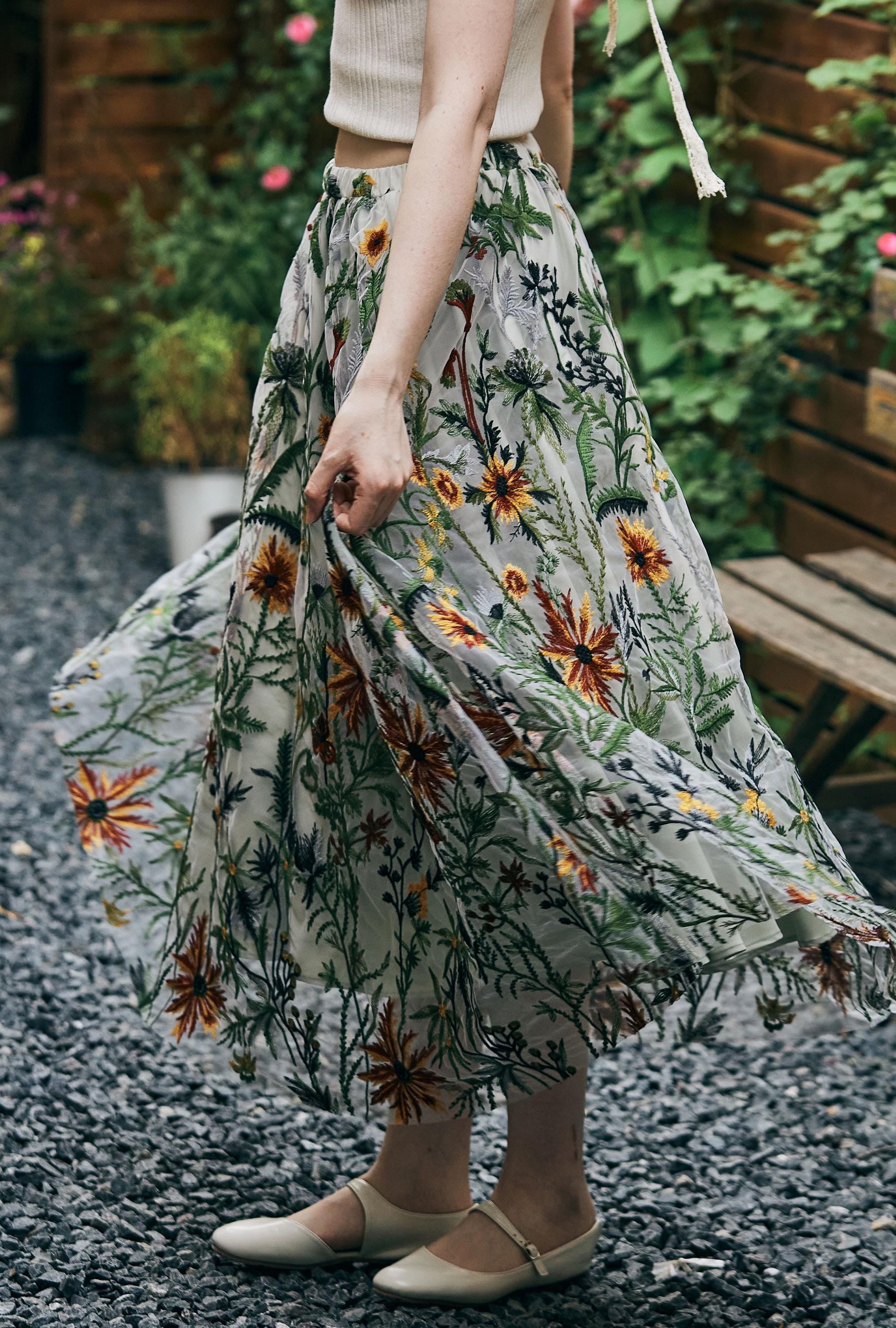 Flower Embroidery Tulle Skirt Maxi Skirt Midi Green Skirt With A Lining Flexible Waistband A Line Floral Dress