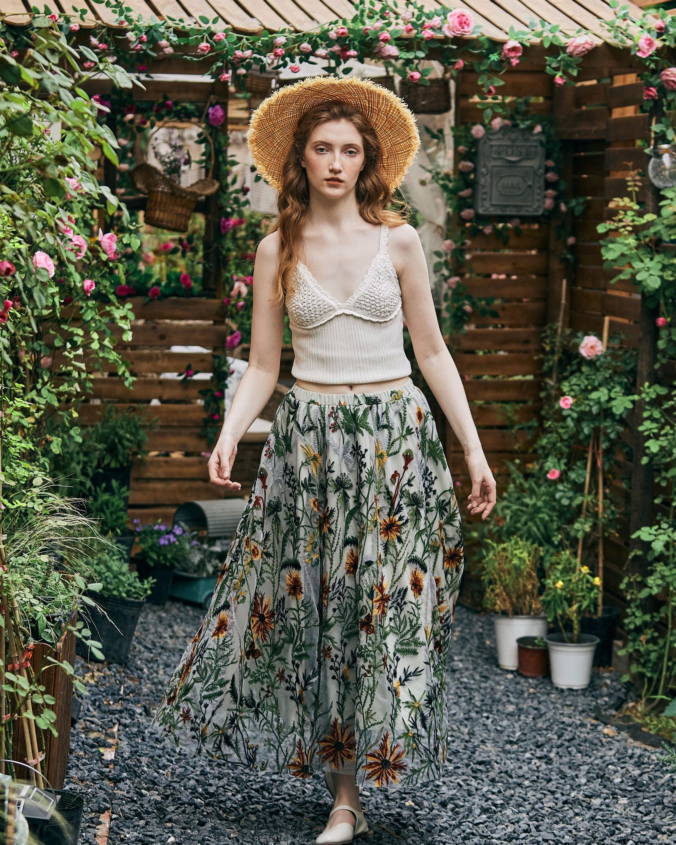 Flower Embroidery Tulle Skirt Maxi Skirt Midi Green Skirt With A Lining Flexible Waistband A Line Floral Dress