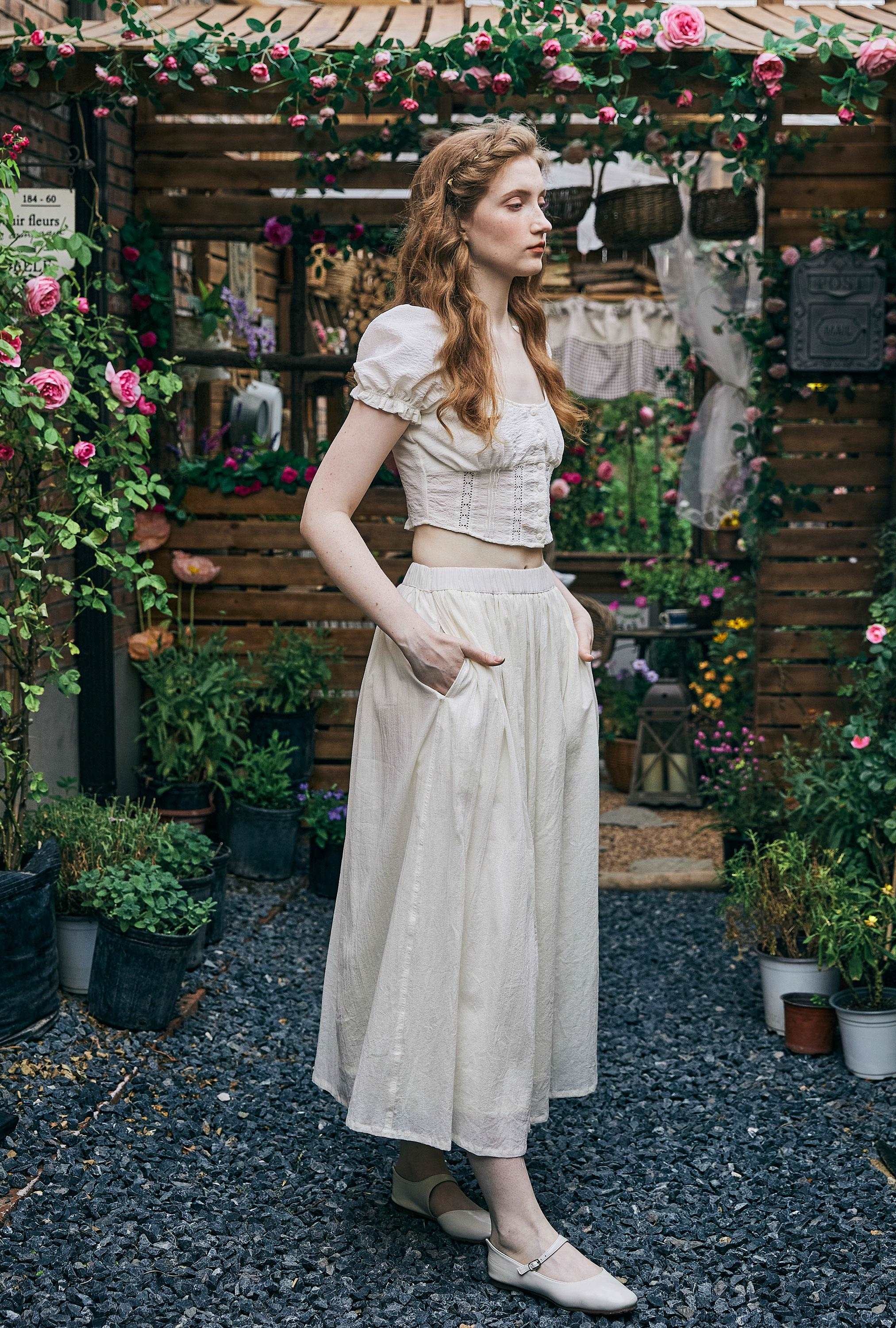 Cotton Skirt Long White Maxi Skirt Midi skirt with Pockets Beige or Cream Skirt With Lining Flexible Waistband