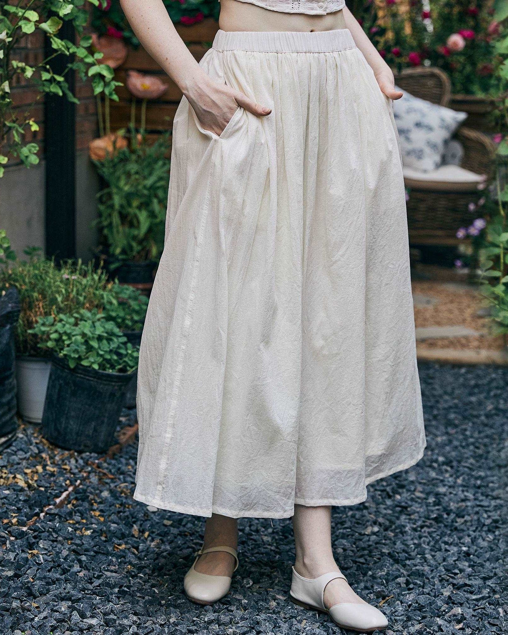 Cotton Skirt Long White Maxi Skirt Midi skirt with Pockets Beige or Cream Skirt With Lining Flexible Waistband